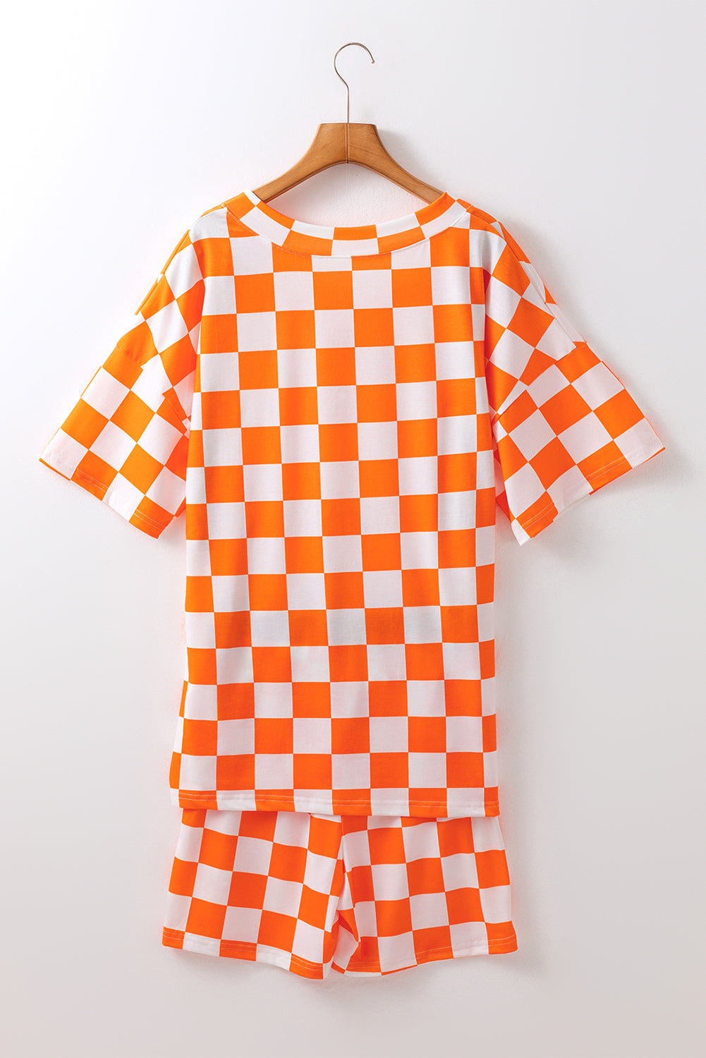 Orange Checkerboard Print V Neck Loose Tee and Shorts Lounge Set 🇨🇳