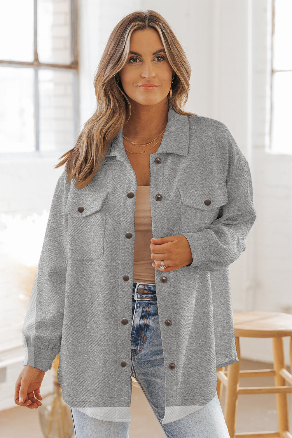 Gray Solid Textured Flap Pocket Buttoned Shacket 🇺🇸