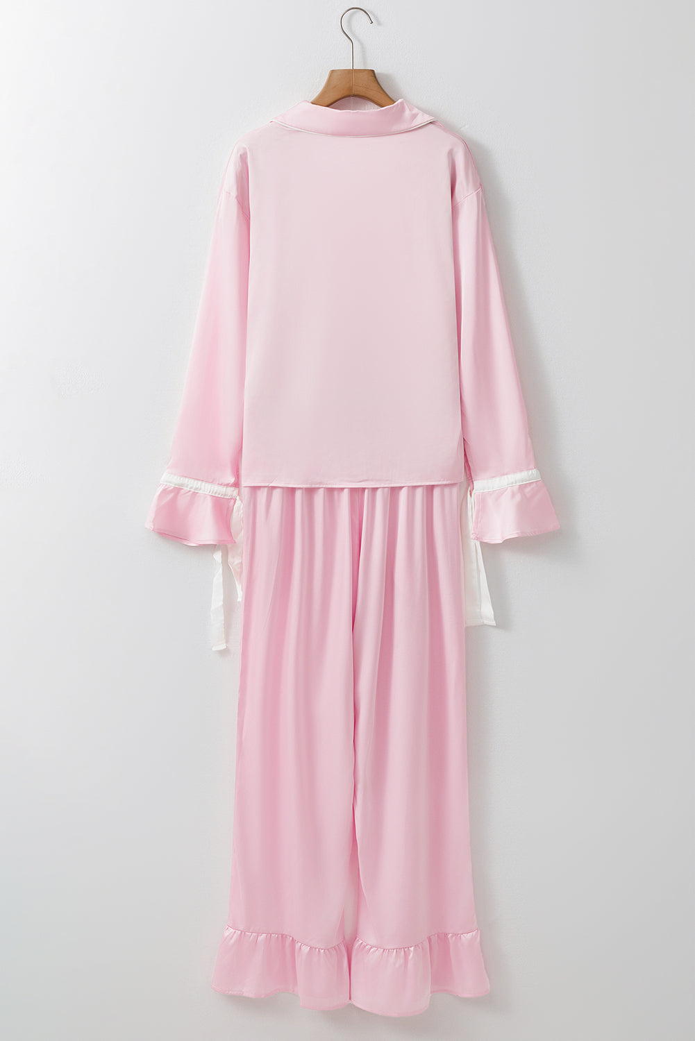 Light Pink Satin Knot Accent Shirt and Ruffled Pants Lounge Set 🇺🇸