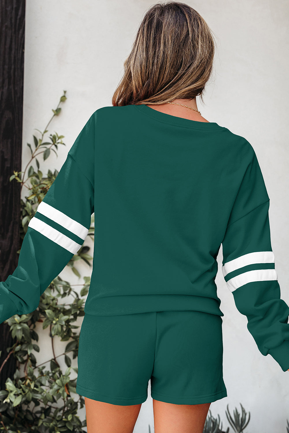 Evergreen Varsity Striped Sleeve Drop Shoulder Sweatshirt and Short Set 🇺🇲
