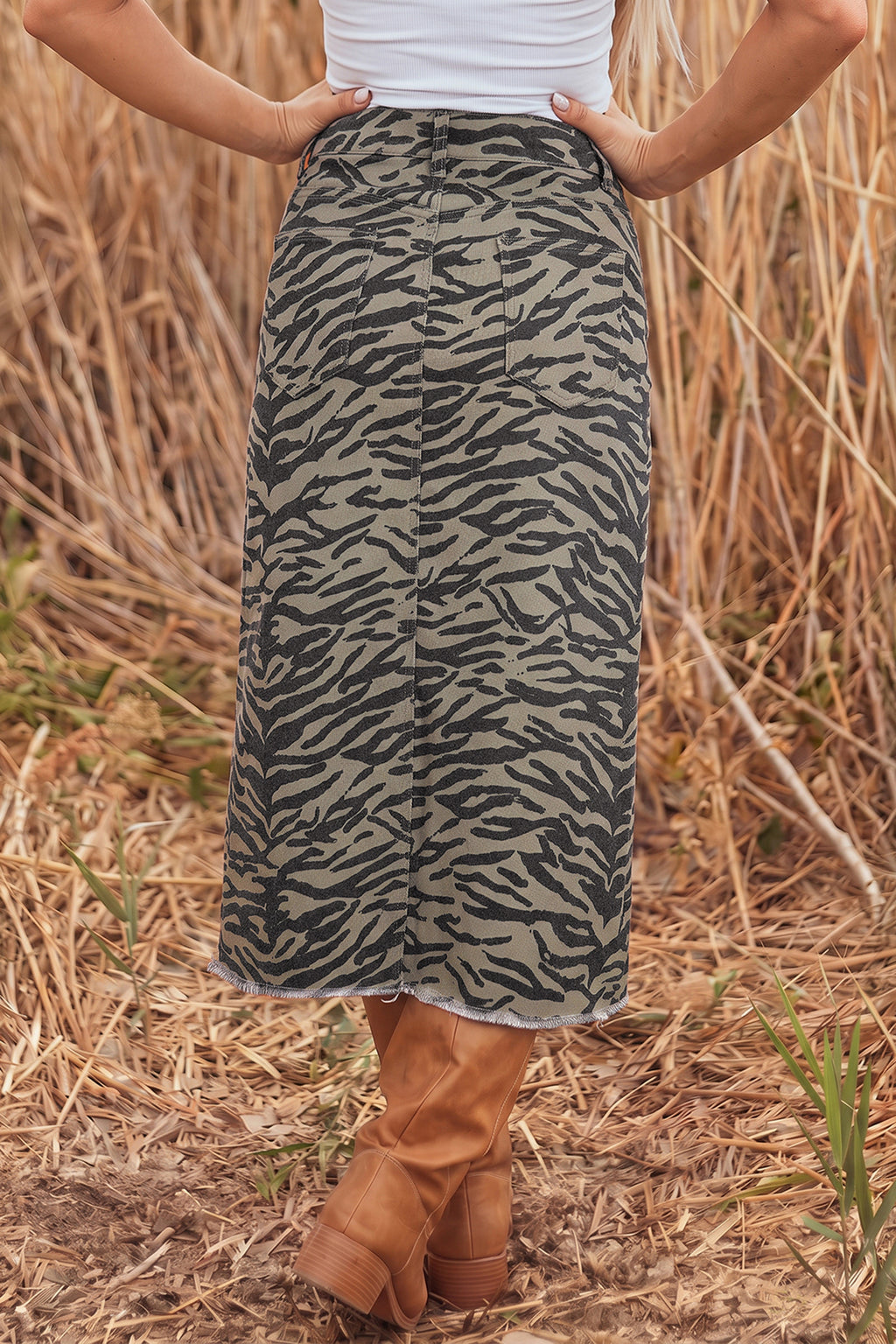 Brown Leopard Print Side Split Frayed Hem Denim Midi Skirt 🇺🇸