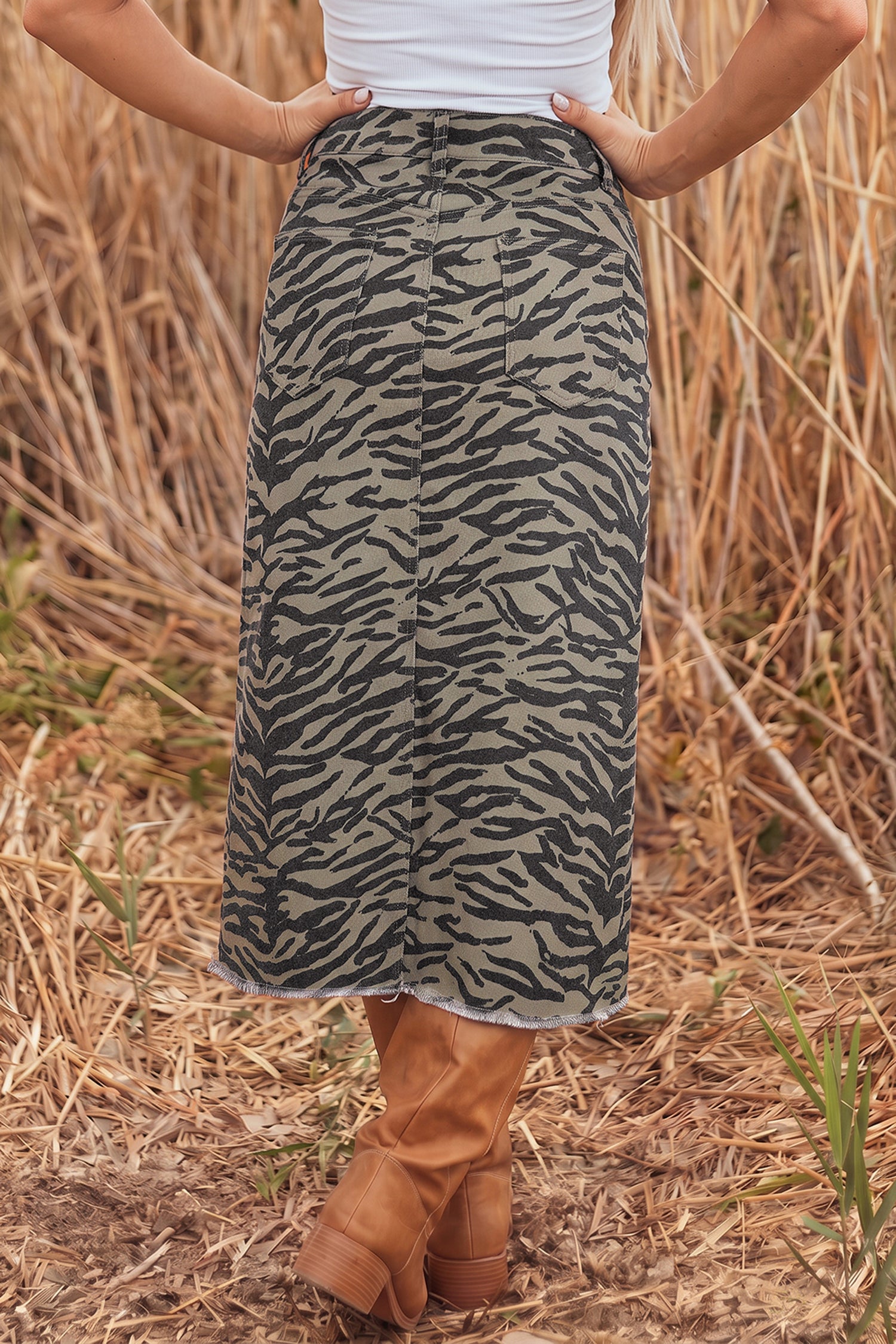 Brown Leopard Print Side Split Frayed Hem Denim Midi Skirt 🇺🇸