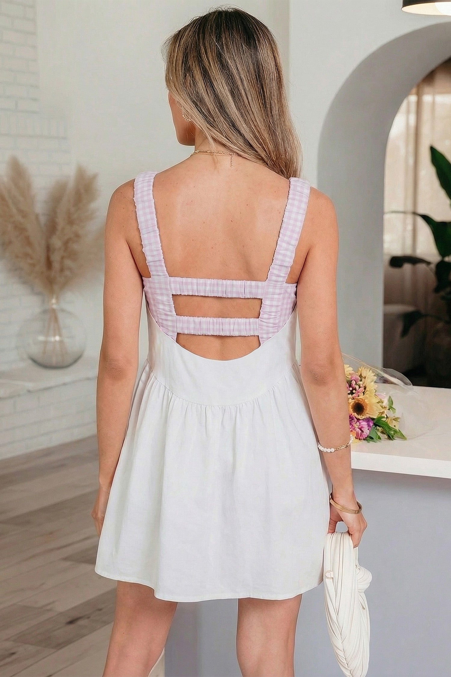 Yellow Cream Faux Two Piece Gingham Contrast Patchwork Loose Mini Dress 🇺🇸