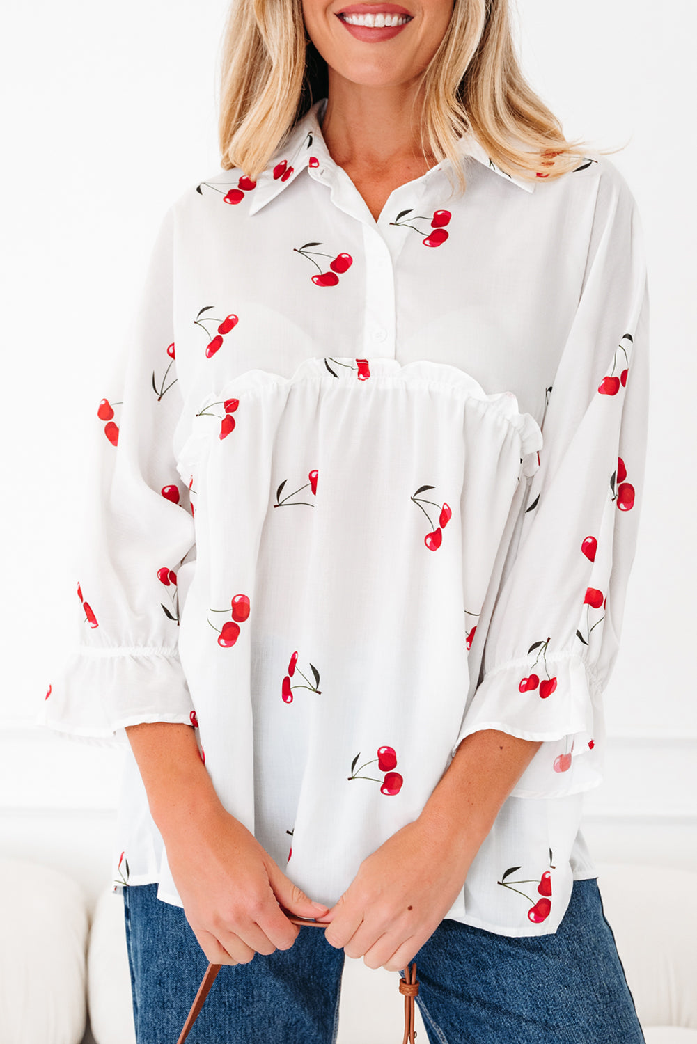 White Cherry Print Flounce Sleeve Collared Frilled Babydoll Blouse 🇺🇸