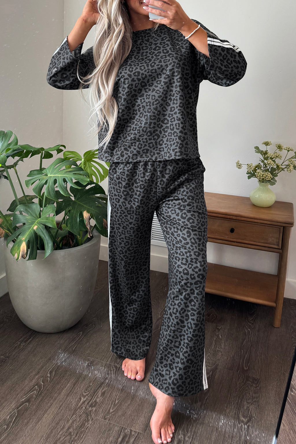 Gray Leopard Print Varsity Striped Detail 3/4 Sleeve Top Shift Pant Set 🇺🇸