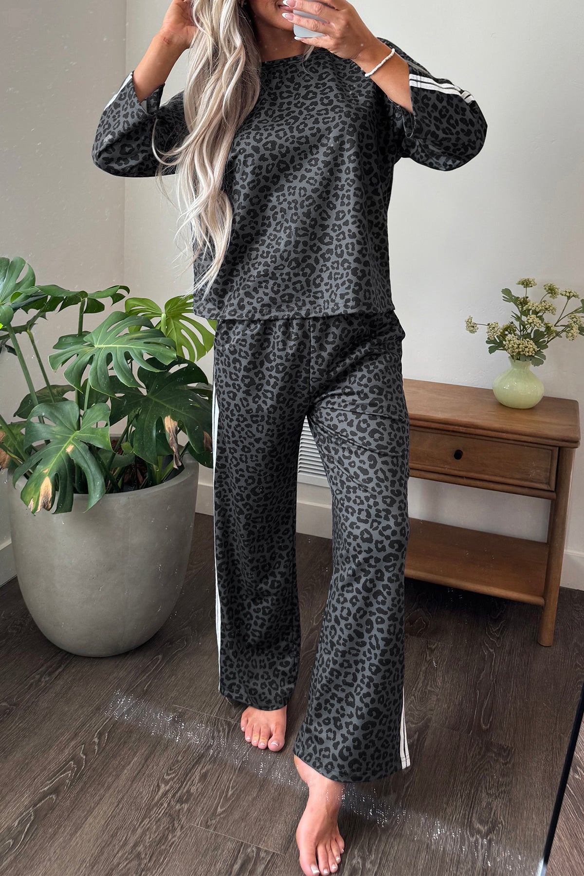 Gray Leopard Print Varsity Striped Detail 3/4 Sleeve Top Shift Pant Set 🇺🇸