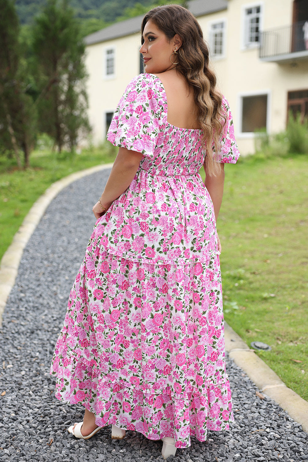 Pink Plus Size Floral Print Smocked Puff Sleeve Dress 🇨🇳