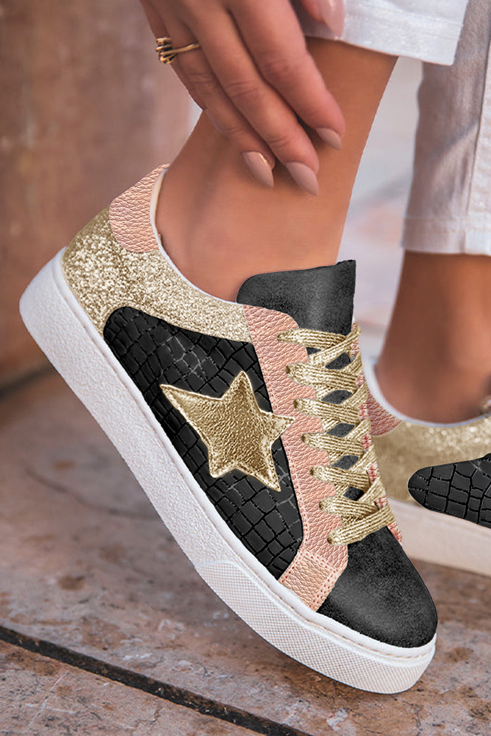 Rose Gold Glitter Star Patchwork PU Leather Lace-up Sneakers 🇺🇸