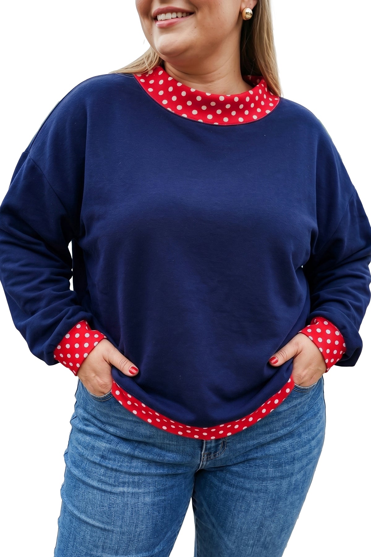 Red Polka Dot Patchwork Round Neck Plus Size Sweatshirt 🇺🇸