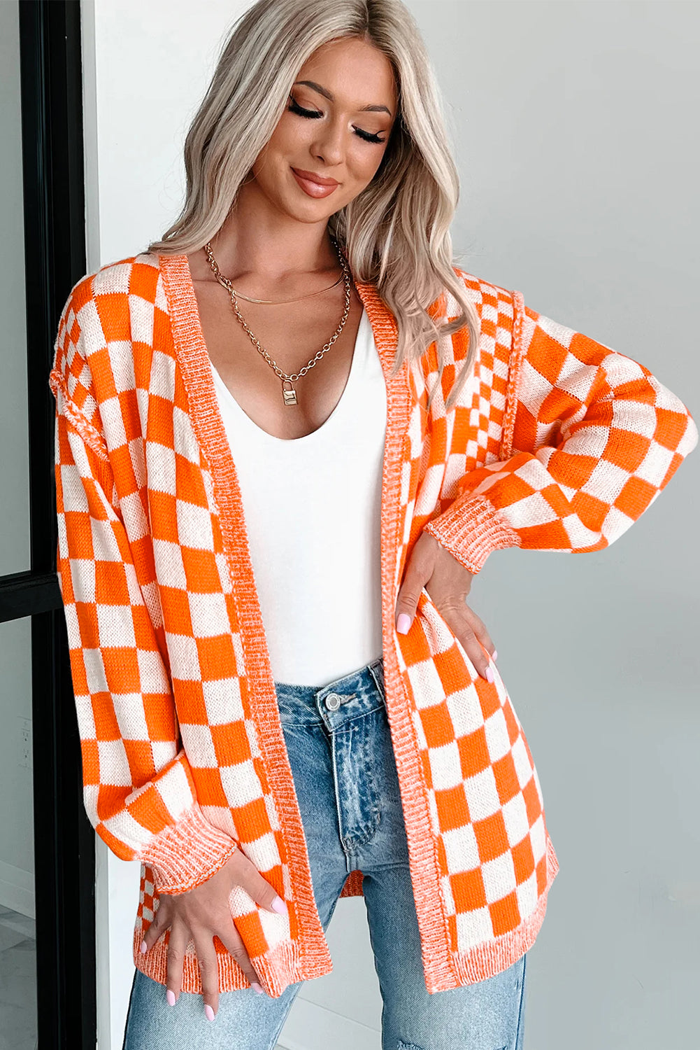 Orange Checkered Open Front Drop Shoulder Cardigan 🇺🇸