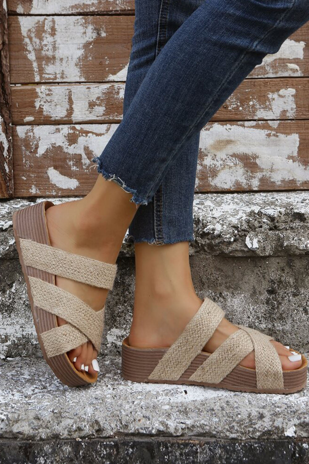 Beige Woven Cross Criss Hollowed Slip-On Slippers 🇨🇳