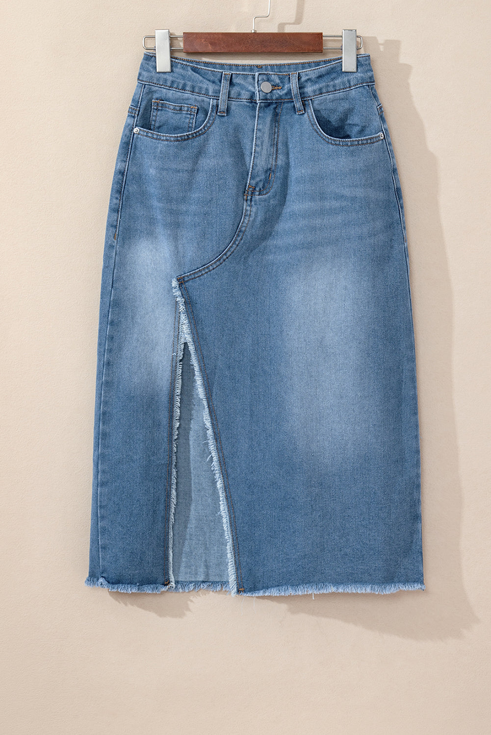 Light Blue Frayed Slit Asymmetric Denim Midi Skirt 🇺🇸