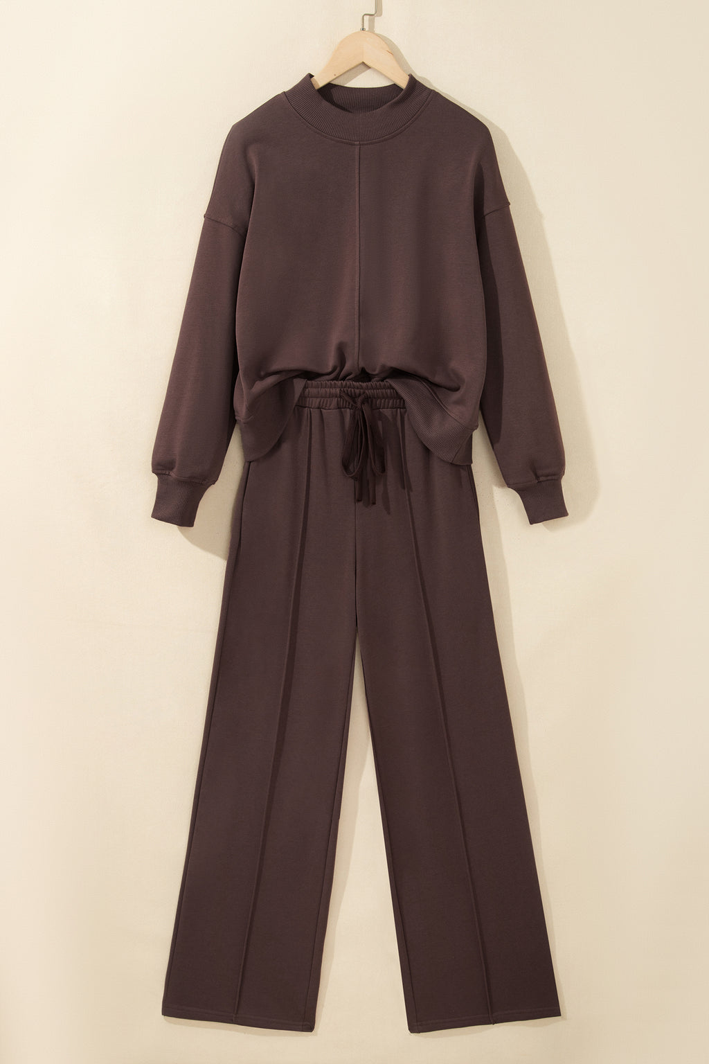 Coffee Solid Color Piping Trim Mock Neck Pullover Drawstring Pants Set 🇺🇸