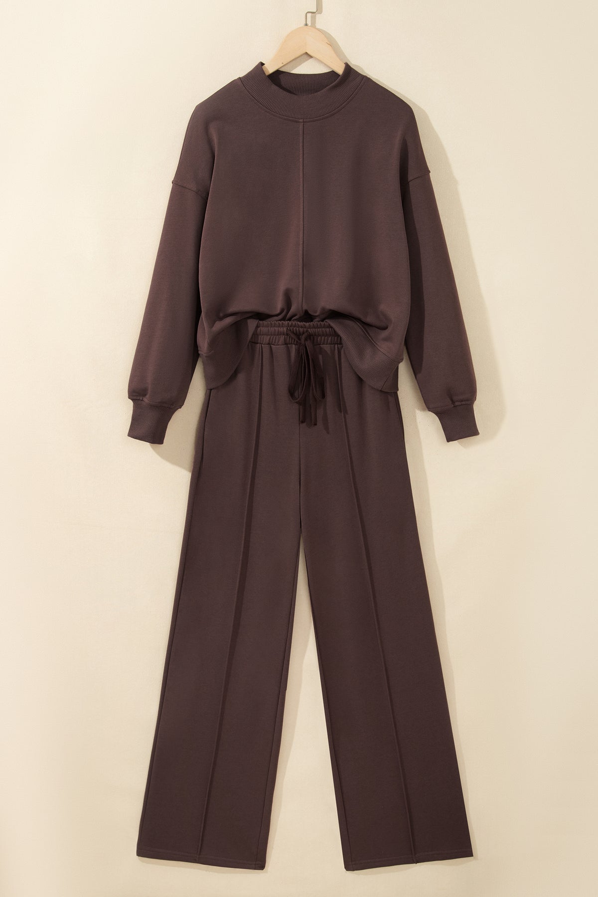 Coffee Solid Color Piping Trim Mock Neck Pullover Drawstring Pants Set 🇺🇸
