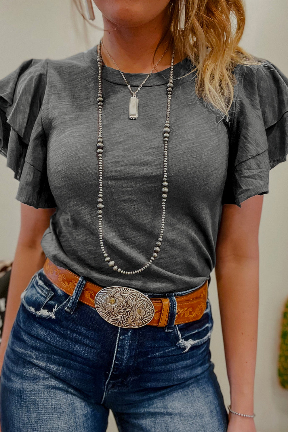 Dark Grey Layered Ruffle Short Sleeve Round Neck Top 🇨🇳