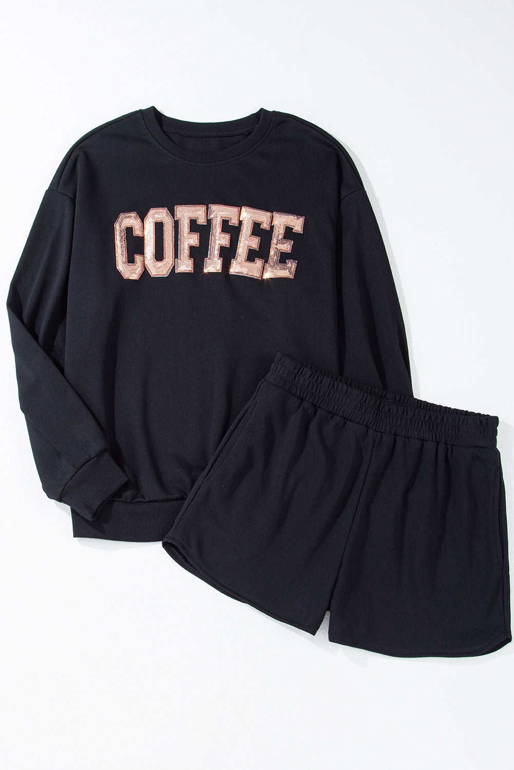 Black Sequined COFFEE Loose Fit Sweatshirt and Shorts Set 🇺🇸