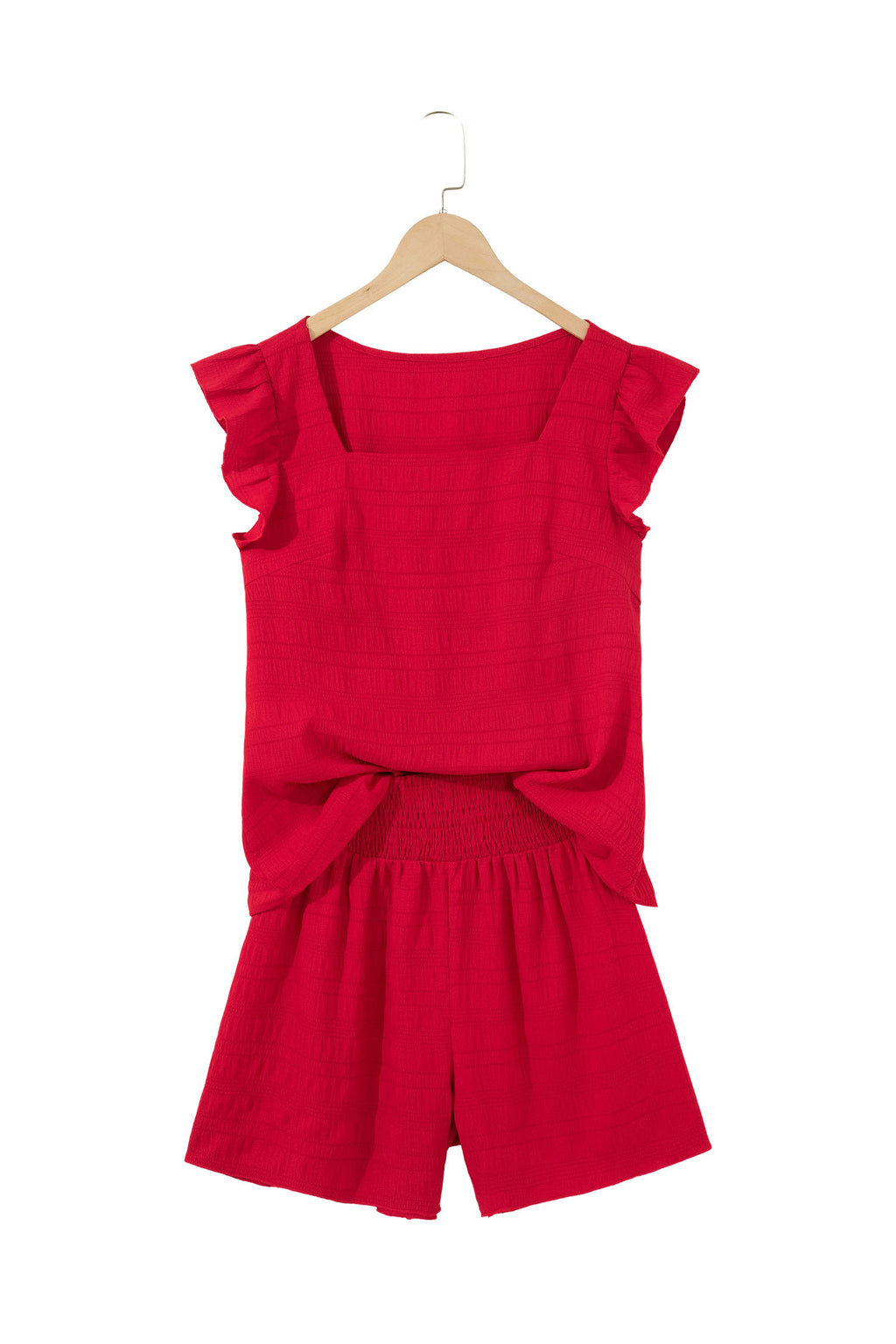 Fiery Red Textured Square Neck Top and Shirred High Waist Shorts Set 🇺🇸