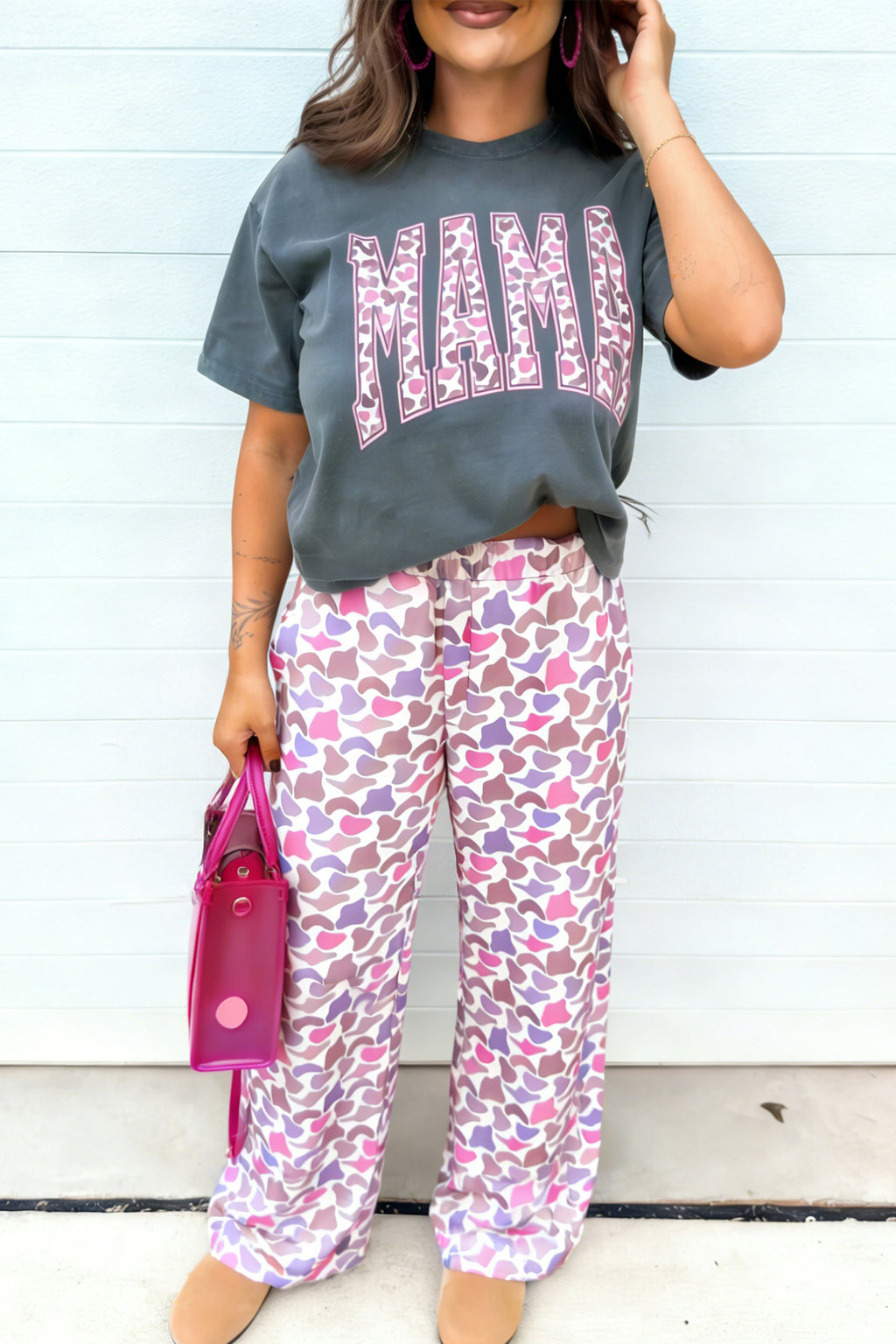 Medium Grey MAMA Letter Graphic Tee Camouflage Print Loose Pant Set 🇺🇸