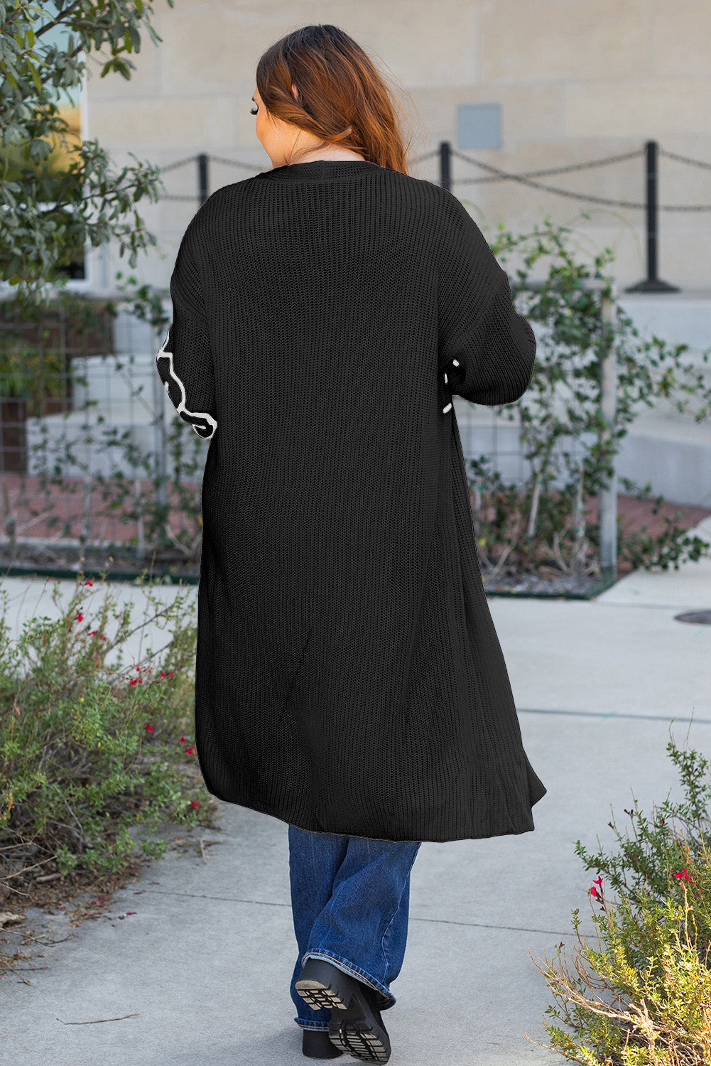 Black Flower Embroidered Drop Shoulder Open Front Duster Cardigan 🇨🇳