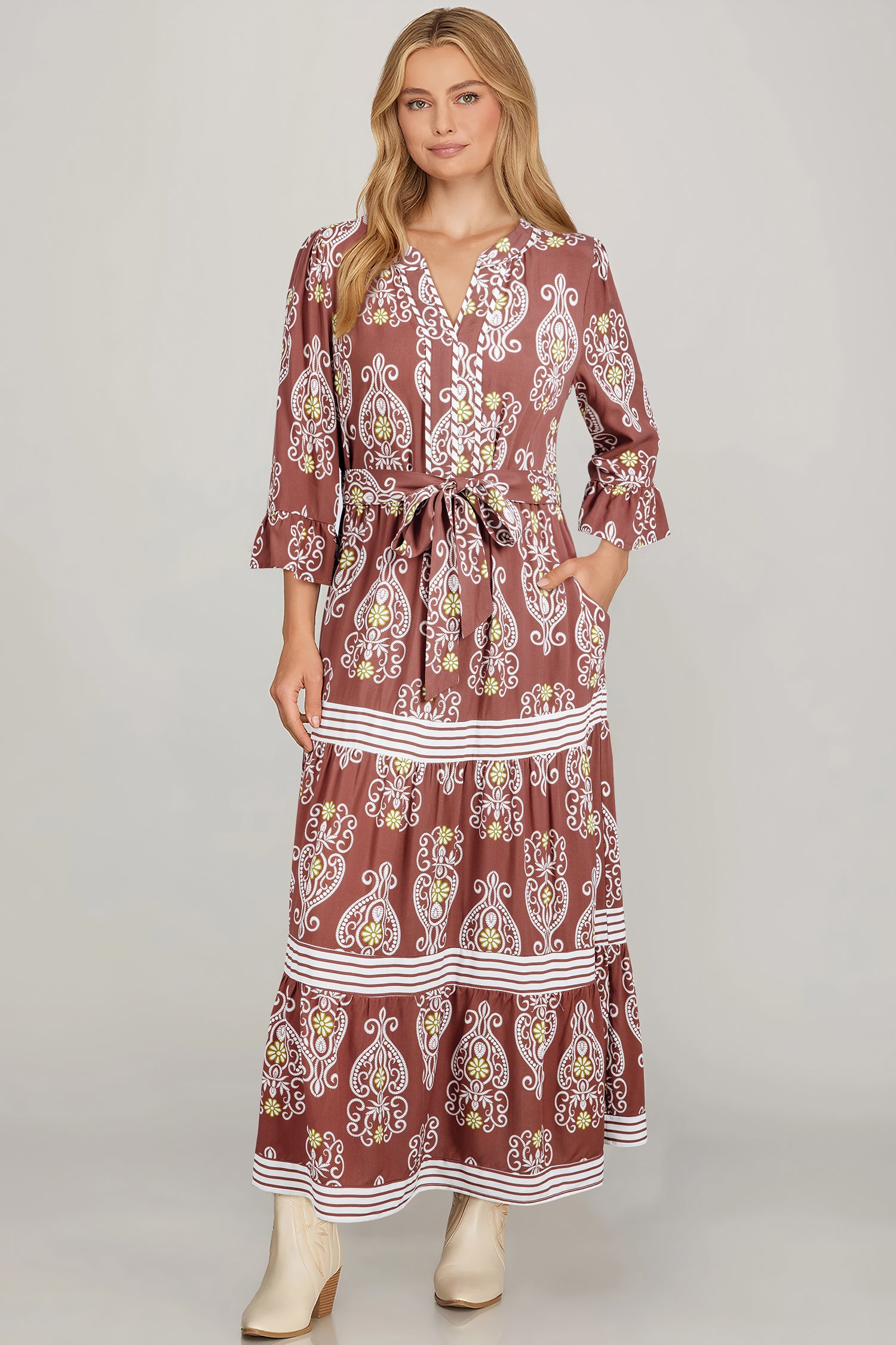 Brown Floral Print Belted Striped Trim Tiered Maxi Dress 🇺🇸