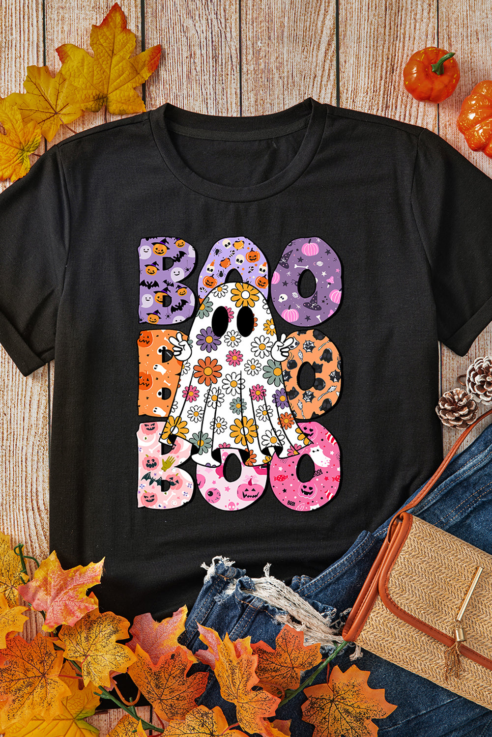 Black BOO Floral Ghost Print Crew Neck Halloween T Shirt 🇺🇲