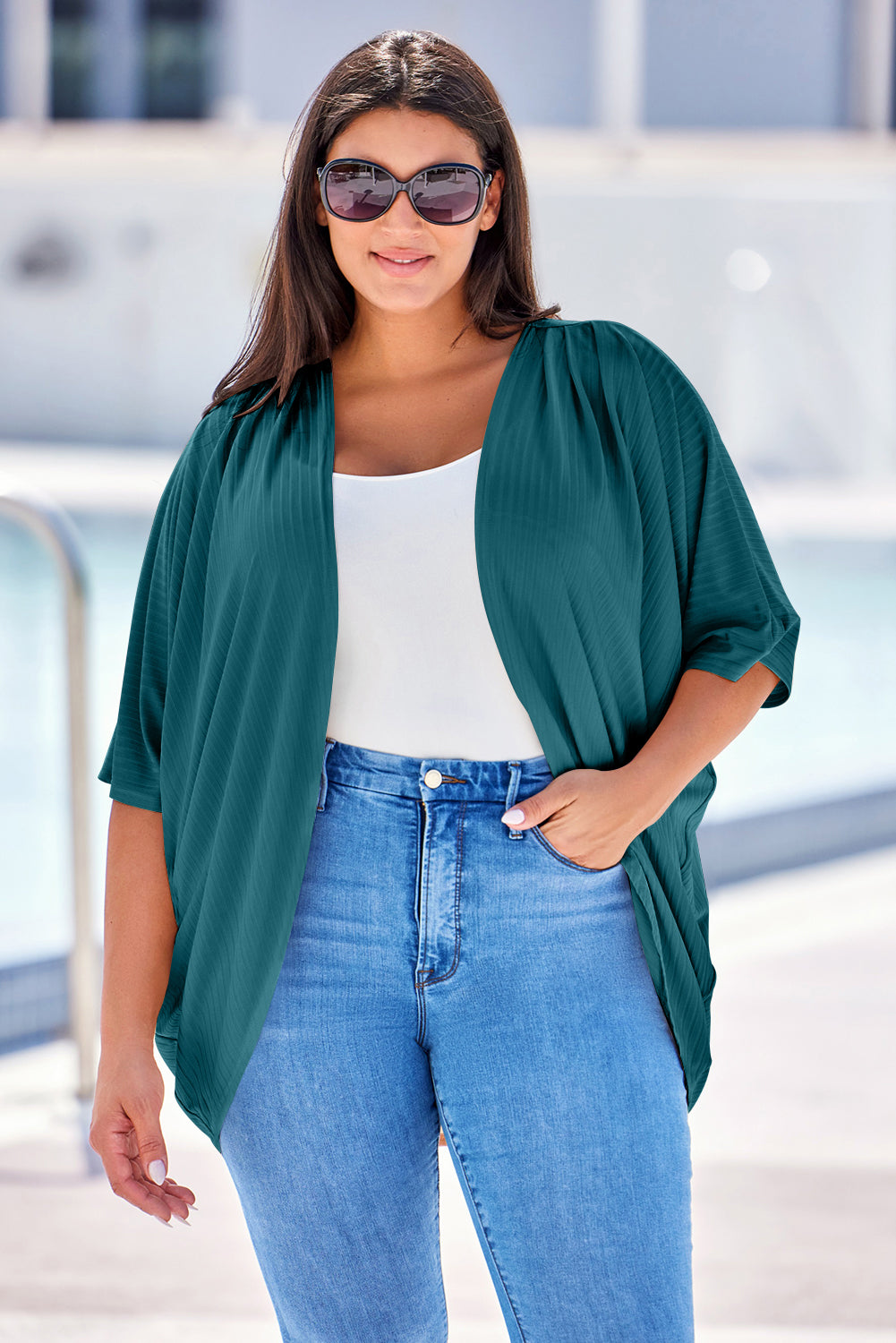 Green-2 Shimmer Ribbed Texture Plus Size Cardigan 🇺🇸