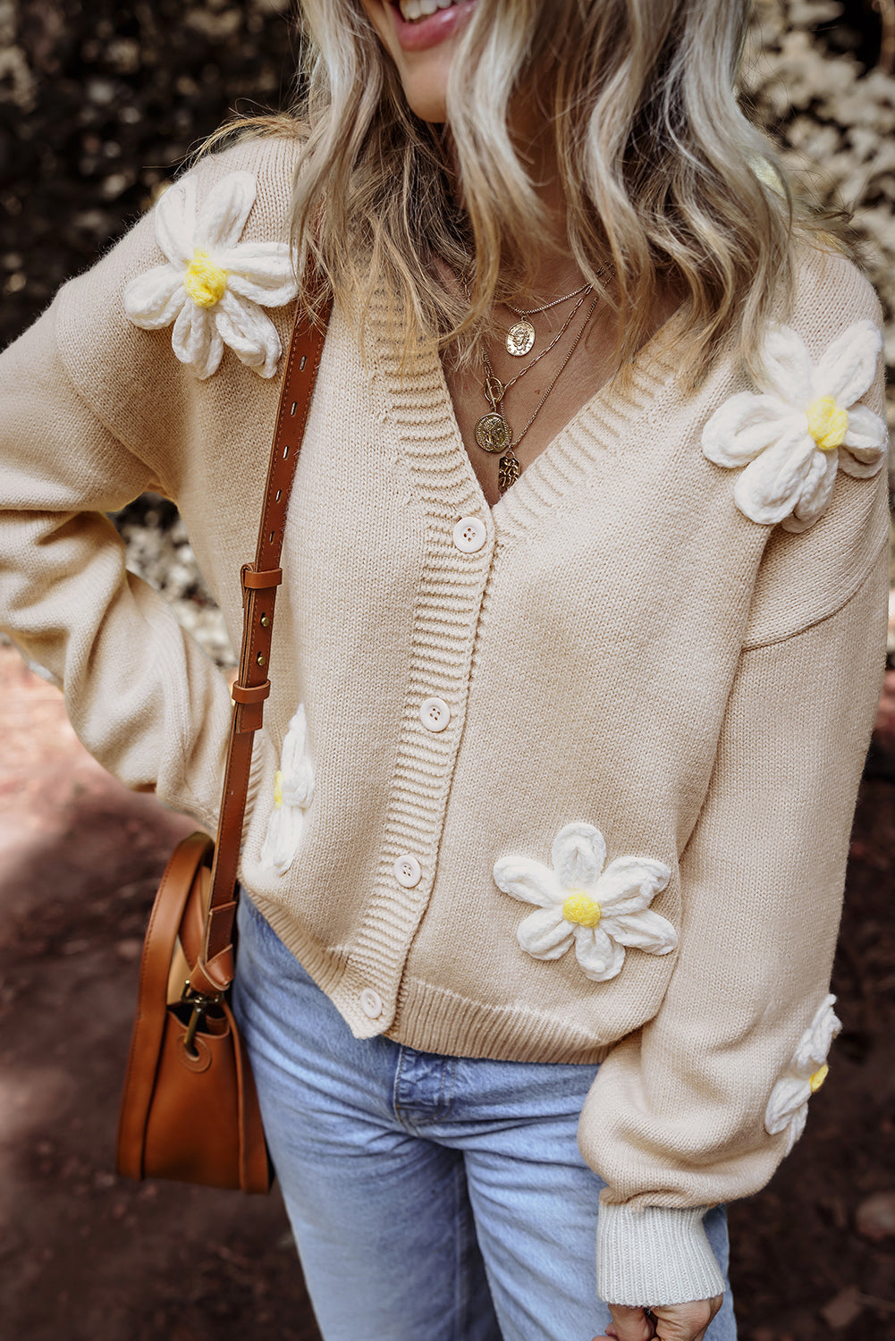 Parchment Elegant Flower Decor Button Front Cardigan 🇨🇳