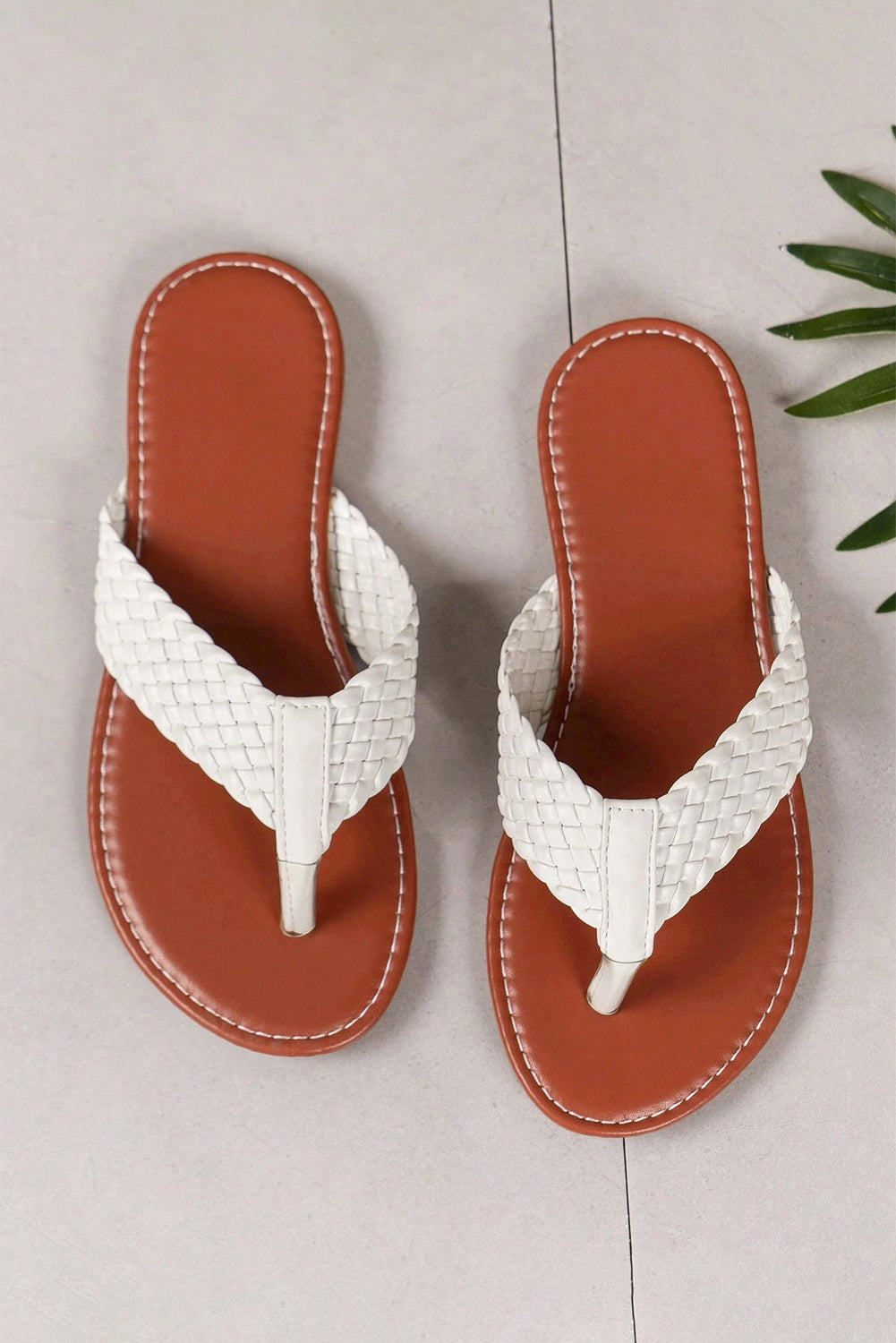 White Braided Strap PU Leather Flip Flop 🇨🇳