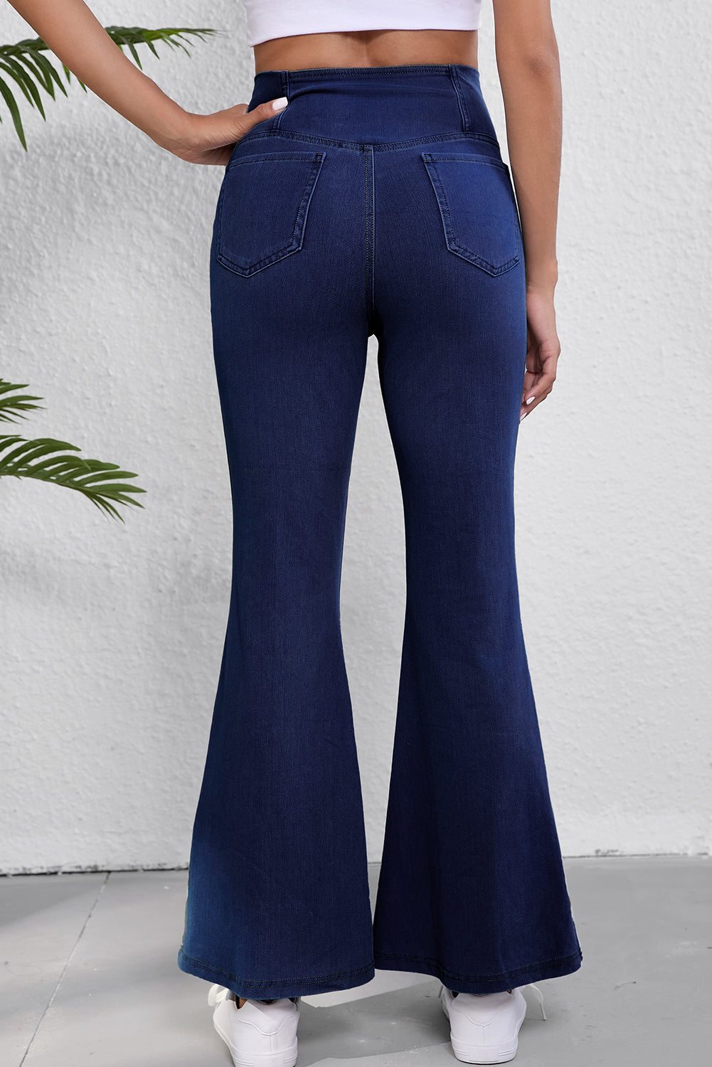 Dusk Blue Solid Crossed Waist High Elastic Fit Flare Knit Jeans 🇨🇳