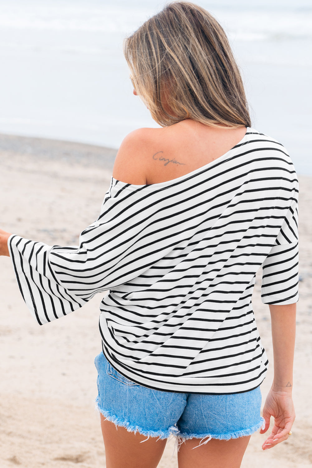 Black Stripe Half Sleeve Scoop Neck Loose Top 🇨🇳