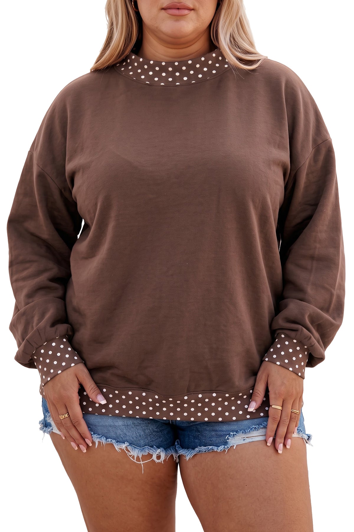 Burgundy Polka Dot Patchwork Round Neck Plus Size Sweatshirt 🇺🇸