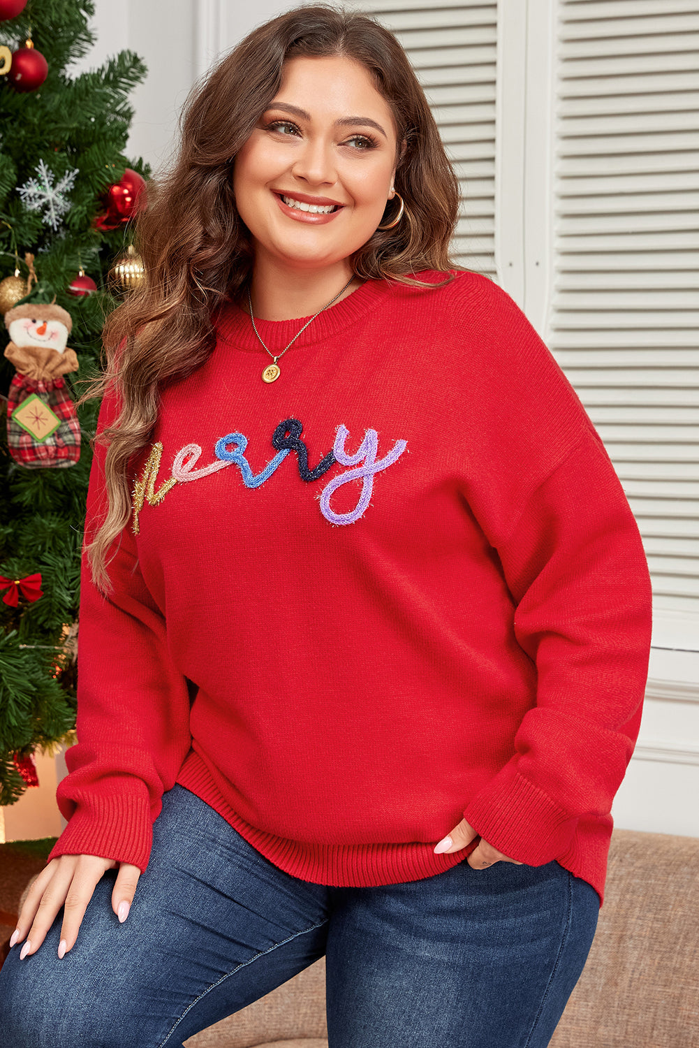 Fiery Red Tinsel merry Pattern Drop Shoulder Plus Size Sweater 🇺🇸