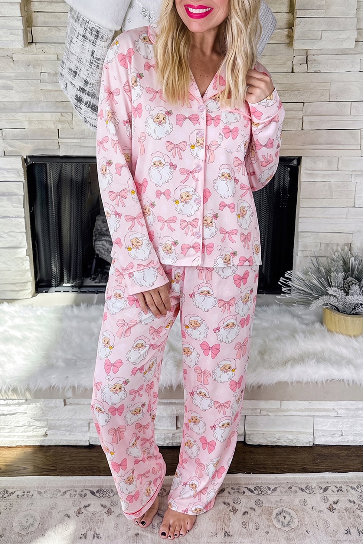 Pink Abstract Santa Print Long Sleeve Full-Length 2Pcs Lounge Set 🇺🇸
