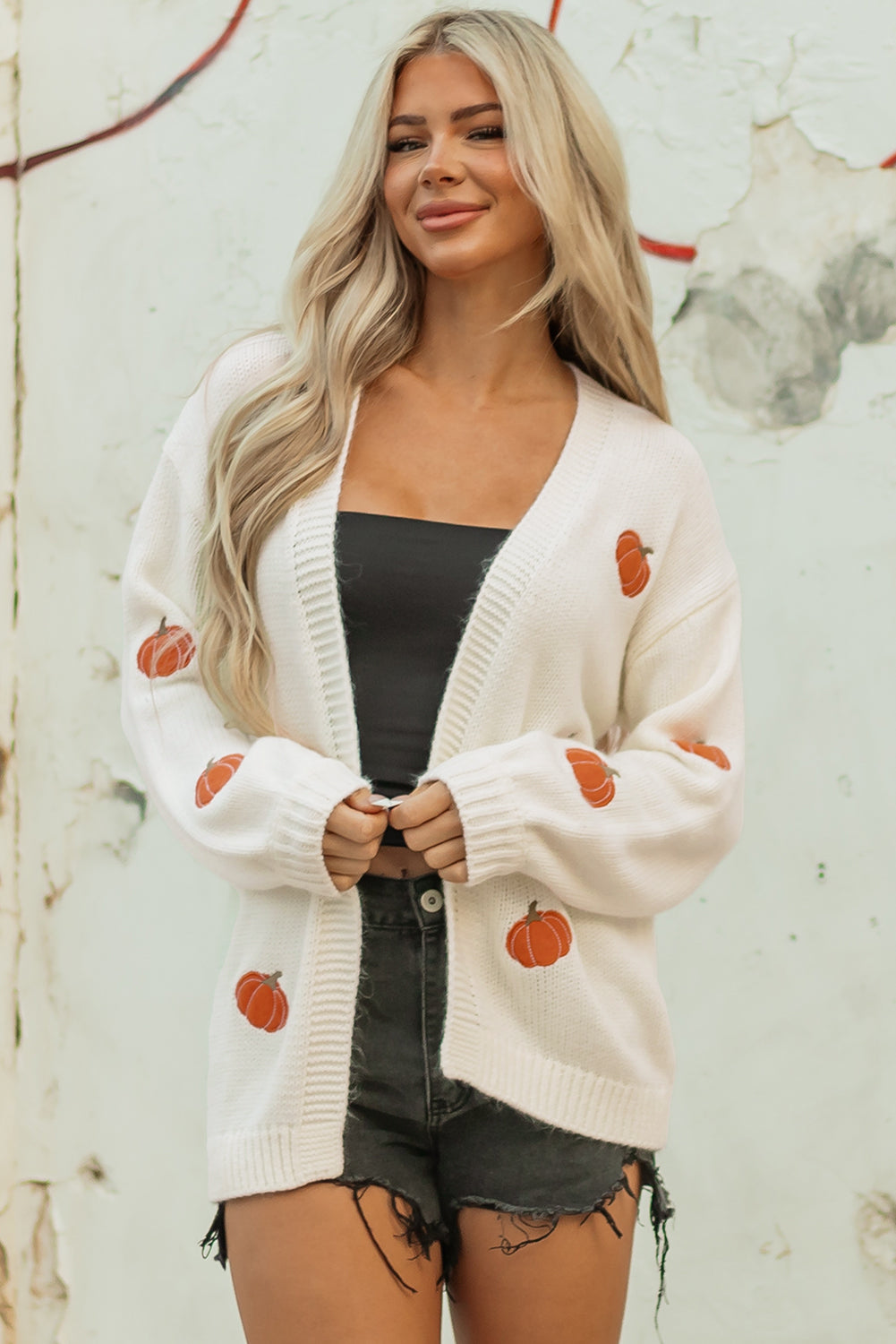 White Pumpkin Print Open Front Drop Shoulder Midi Cardigan 🇺🇸