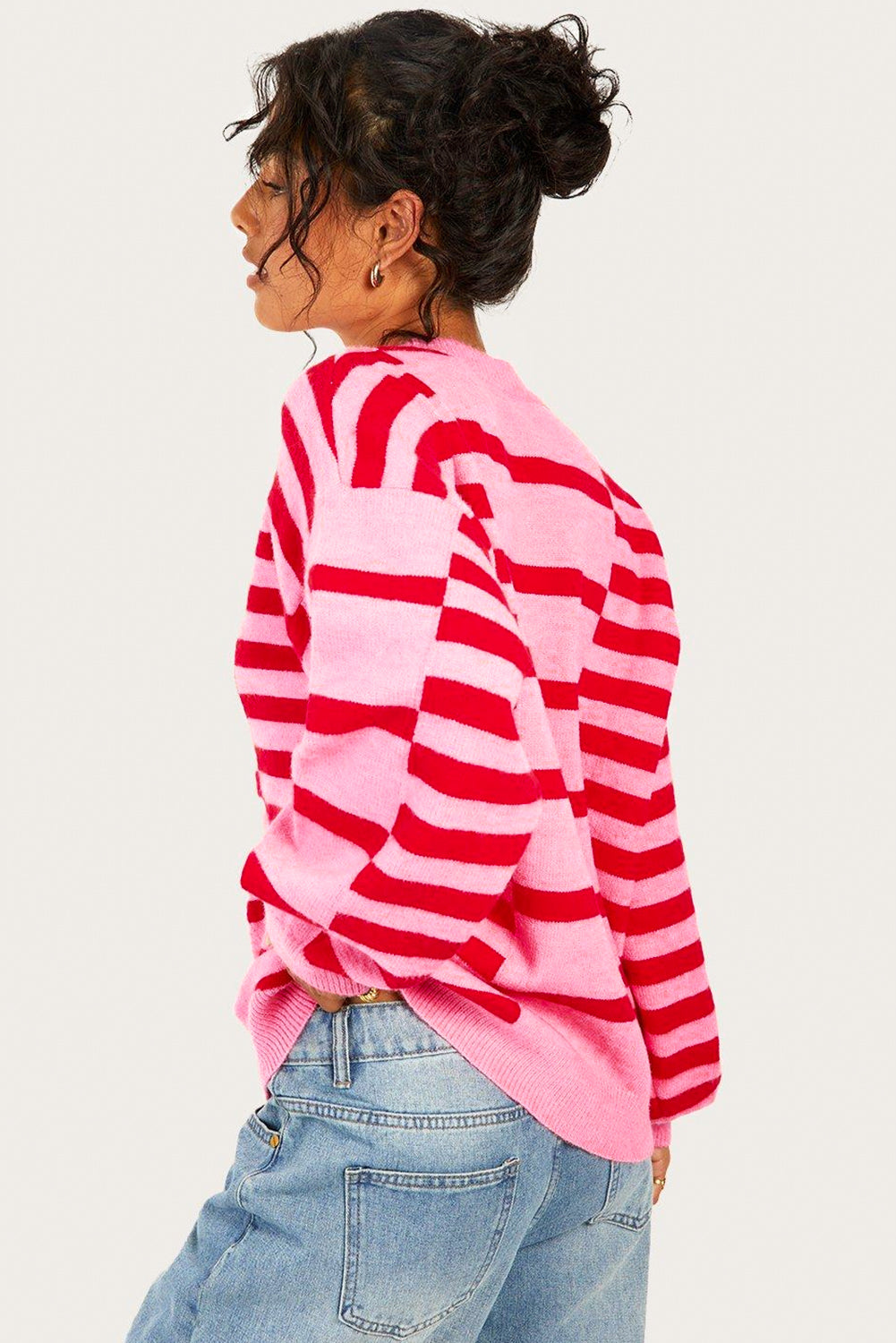 Pink Stripe Bubble Sleeve Drop Shoulder Ribbed Trim Sweater 🇺🇸