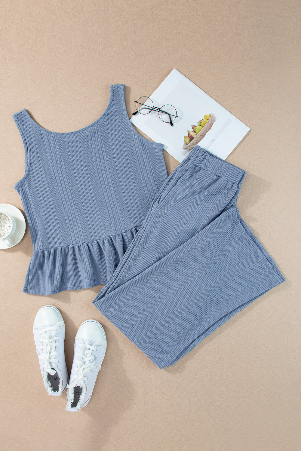 Beau Blue Solid Color Ribbed Ruffle Tank Top and Pants Set 🇨🇳