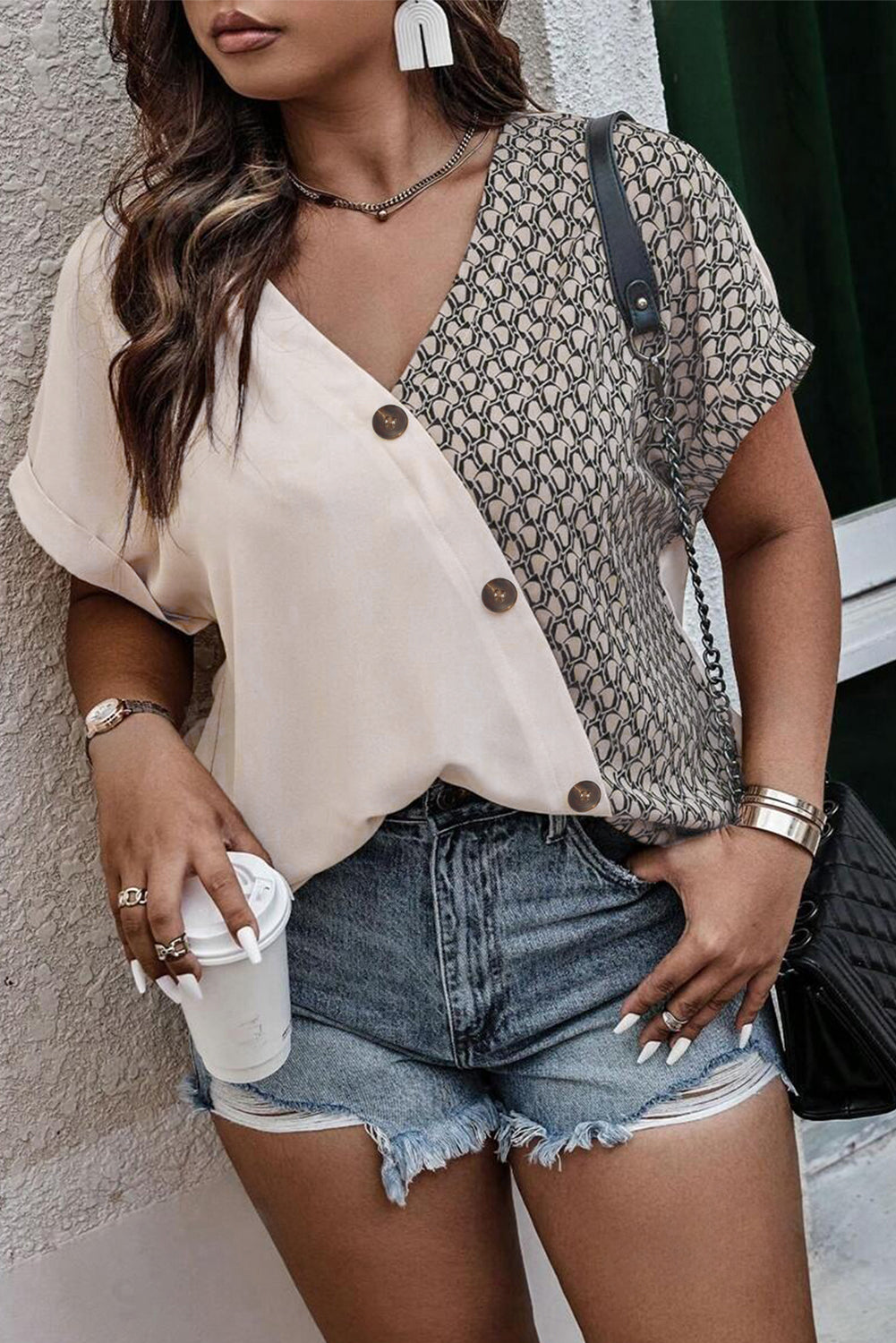 Oatmeal Contrast Geometric Print Patchwork V Neck Short Sleeve Plus Size Top 🇺🇲