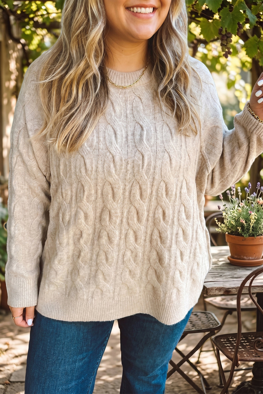 Parchment Oversized Cable Knit Long Sleeve Round Neck Tunic Length Plus Size Sweater 🇺🇸