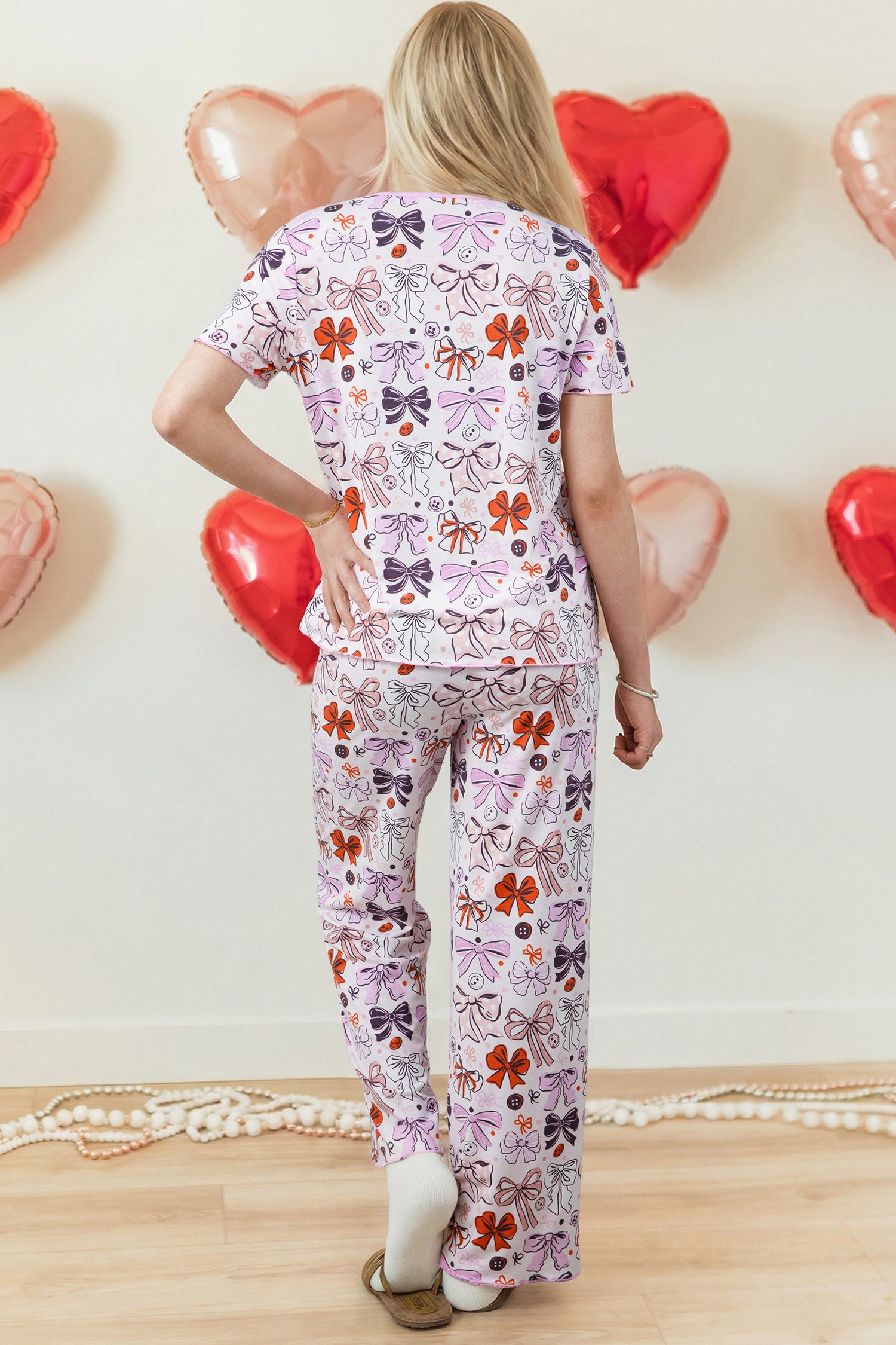 Pink Diverse Bows Buttons Printed Contrast Trim Short Sleeve Shirt Pajama Pant Set 🇺🇸