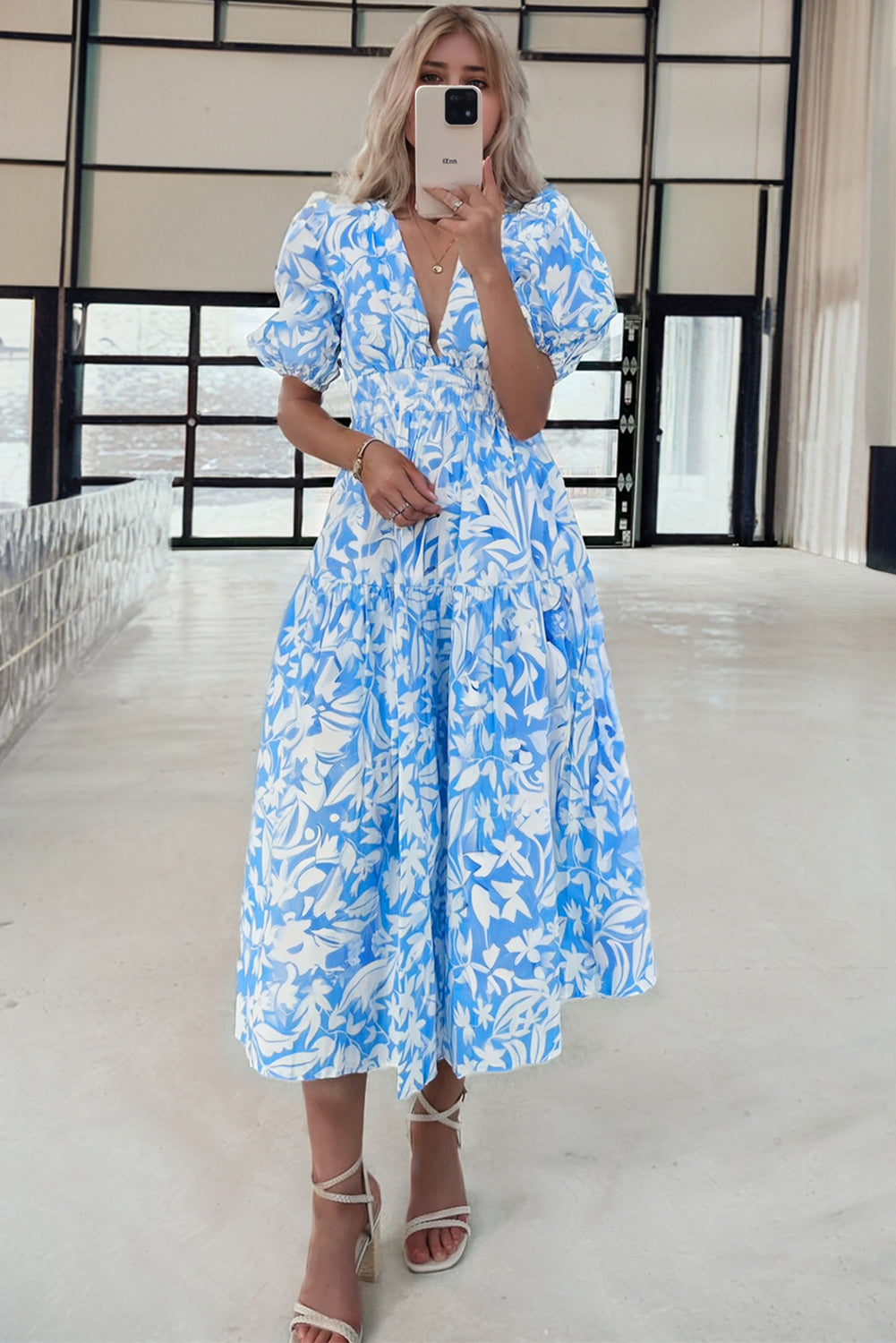Sky Blue Floral V Neck Puff Short Sleeve Flowy Long Dress 🇺🇸