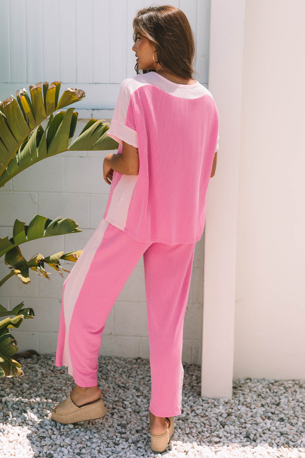 Sachet Pink 2-tone Colorblock Patchwork Corded 2pcs Outfit 🇨🇳