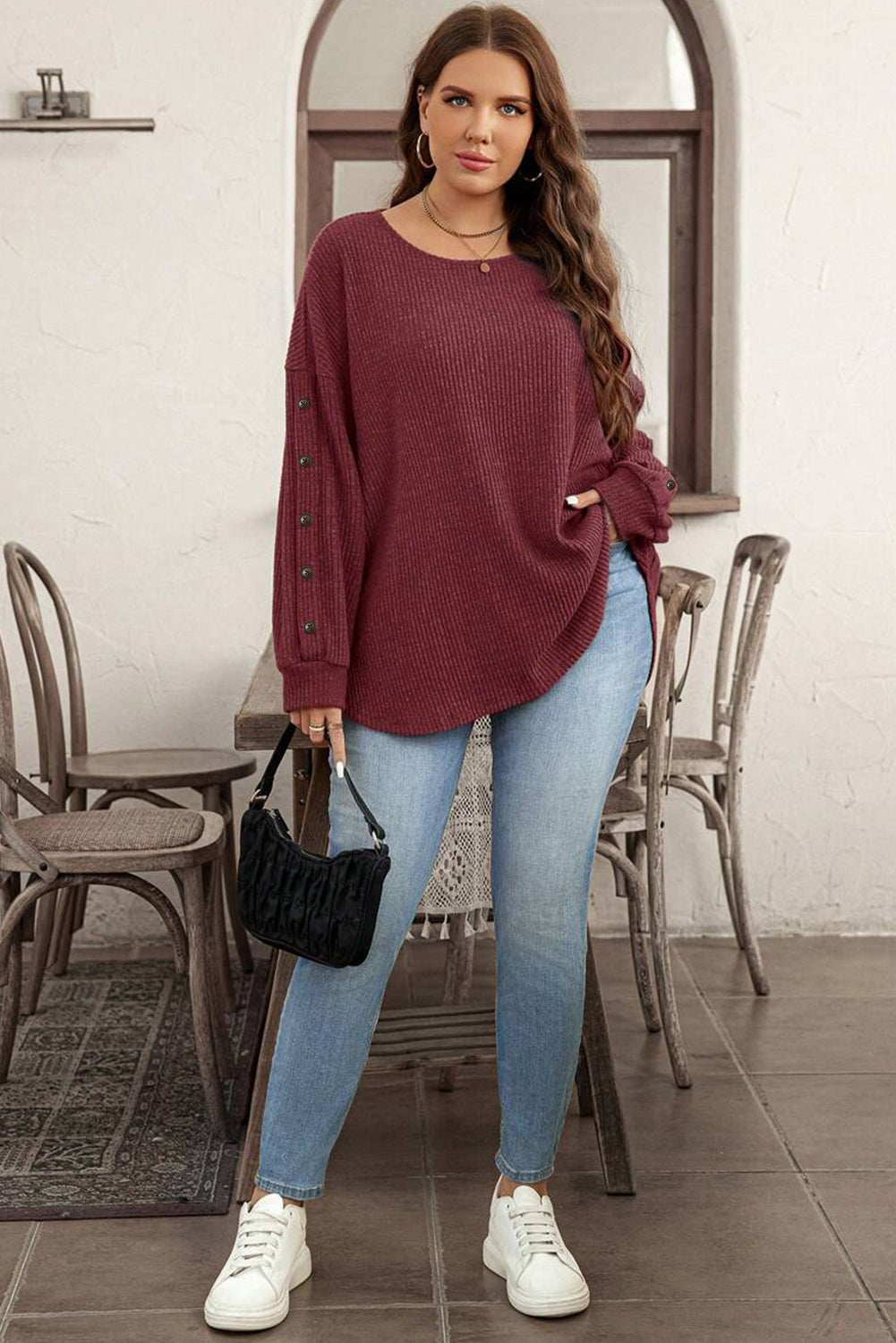 Wild Ginger Plus Size Ribbed Button Decor Long Sleeve Loose Top 🇺🇸