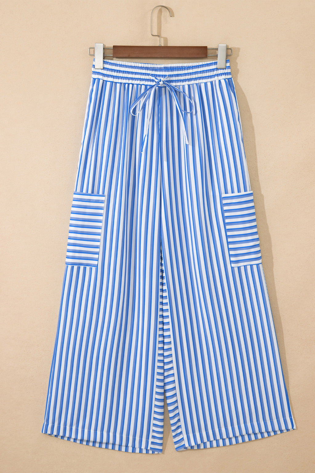 Sky Blue Stripe Drawstring Elastic Waist Patch Pocket Wide Leg Ankle-length Pants 🇺🇸