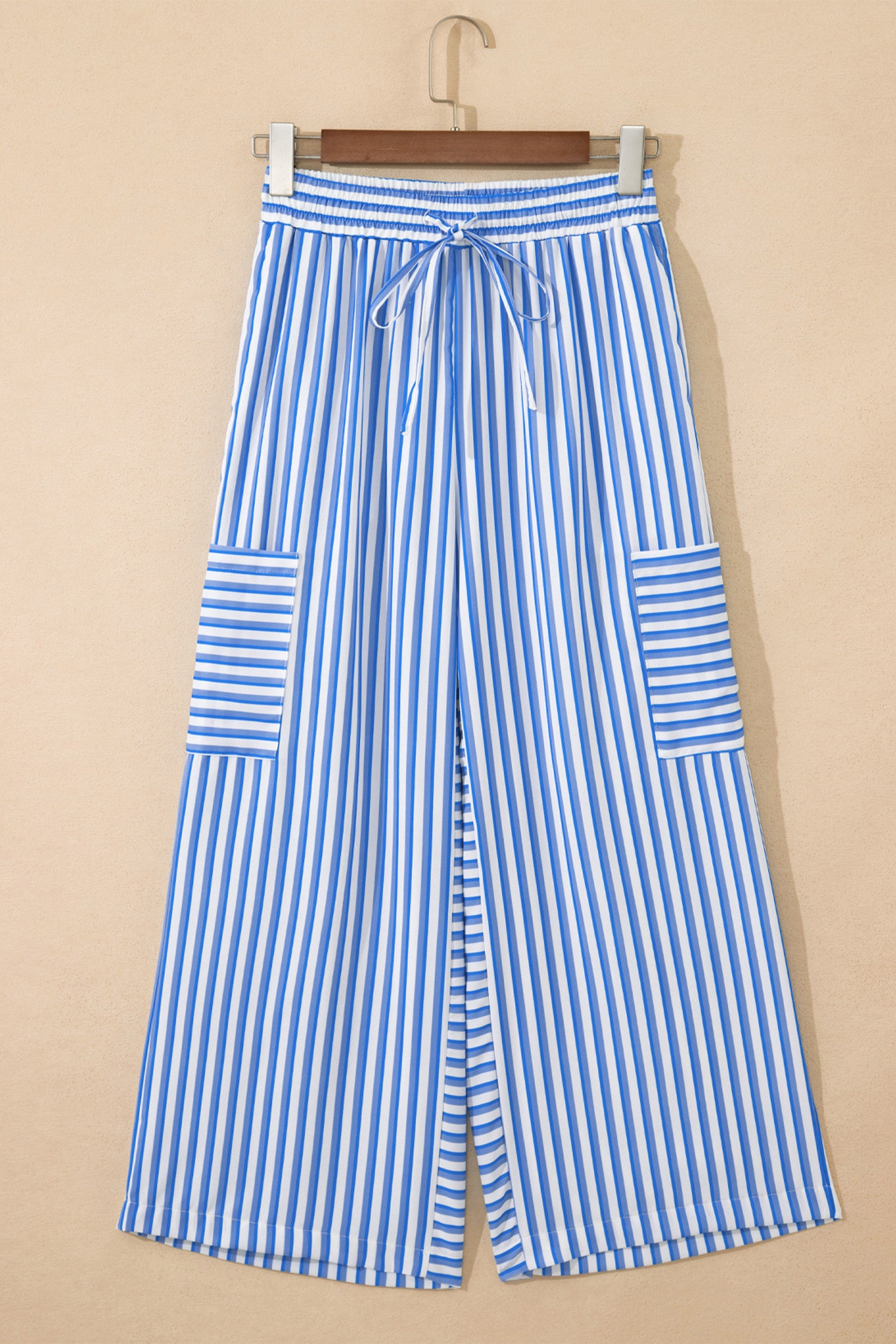 Sky Blue Stripe Drawstring Elastic Waist Patch Pocket Wide Leg Ankle-length Pants 🇺🇸
