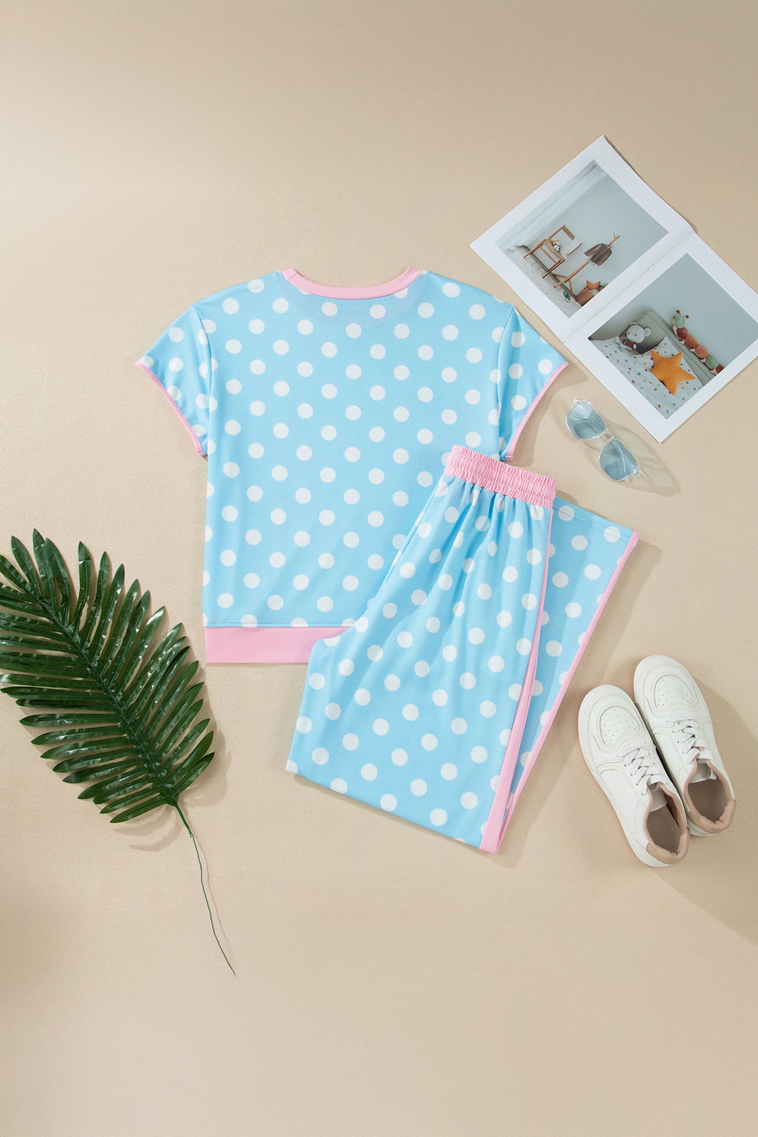 Sky Blue Polka Dot Short Sleeve Top and Pants Set 🇺🇸