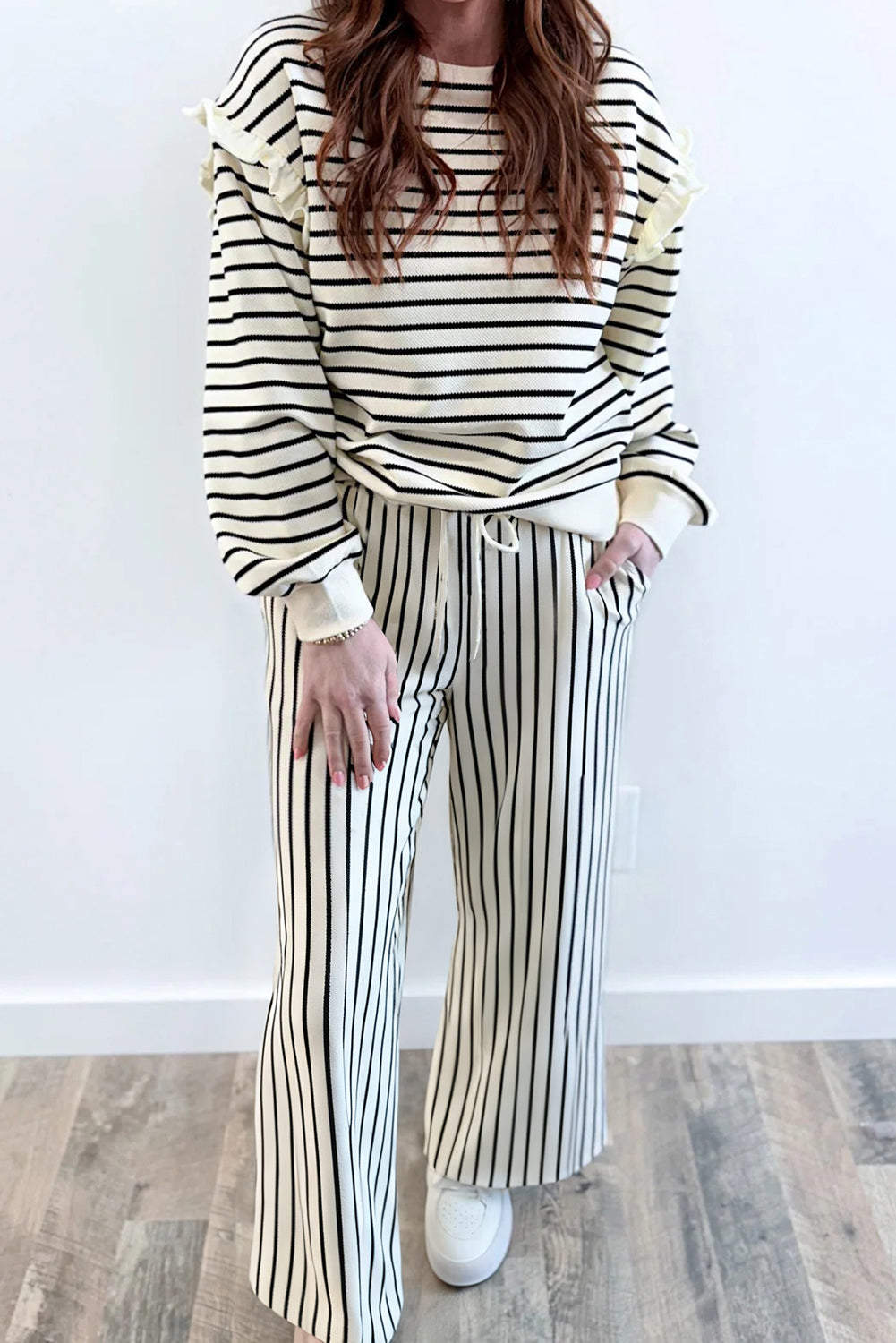 White Stripe Ruffle Trim Drop Shoulder Top Drawstring Loose Pant Set 🇺🇸