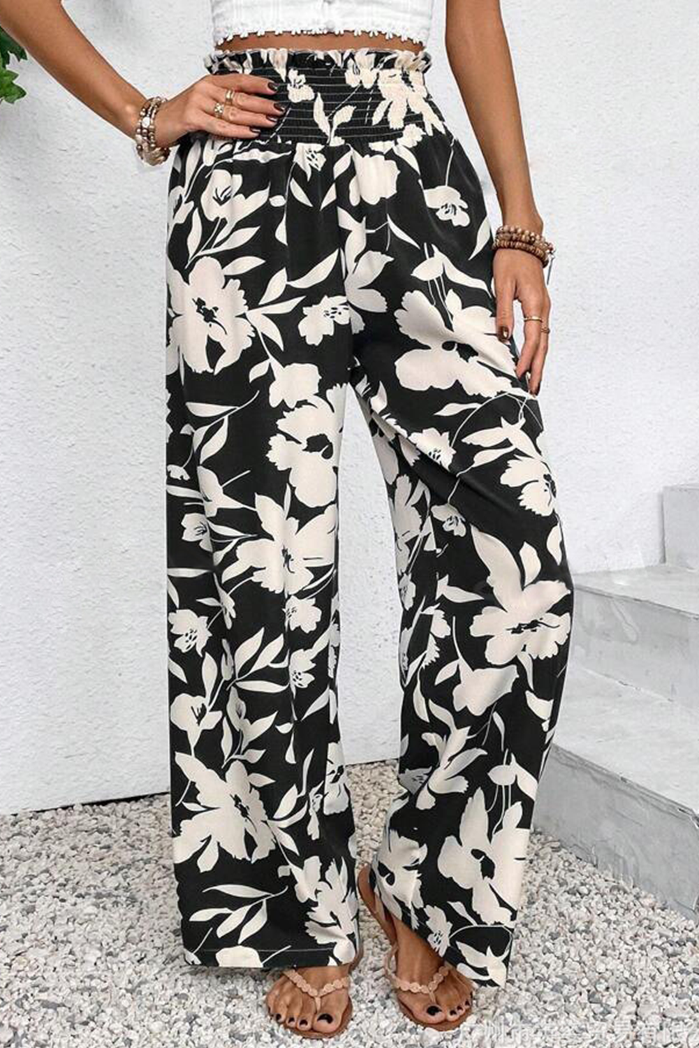 Black Floral Print Smocked High Waist Wide Leg Pants 🇨🇳