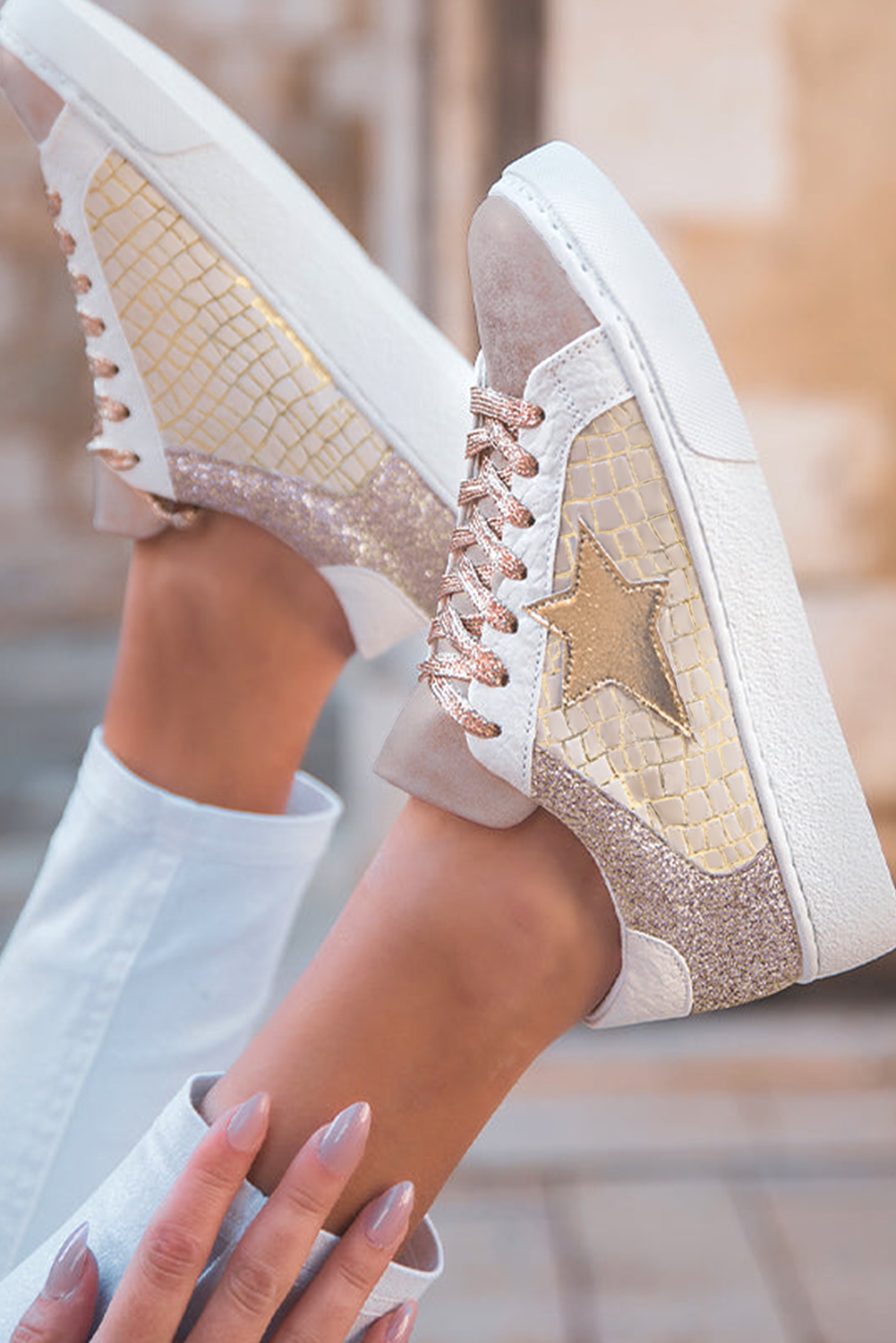 Gold Glitter Star Patchwork PU Leather Lace-up Sneakers 🇺🇸