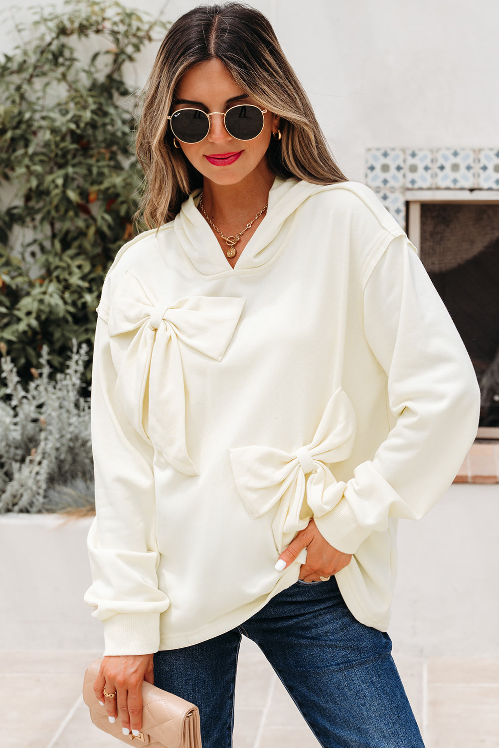 White Solid Color Cute Bow Detail Loose Hoodie 🇺🇲