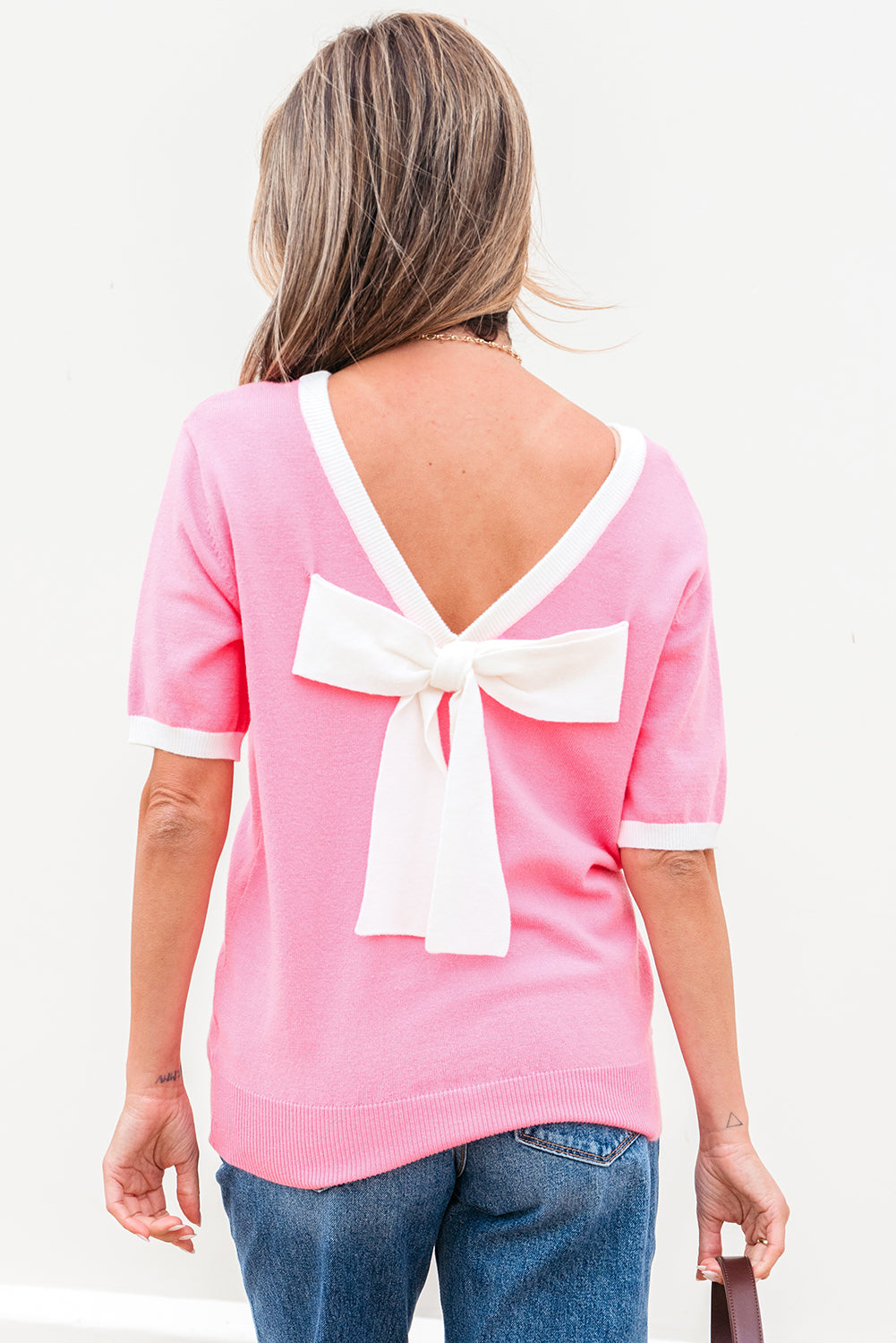 Bonbon Colorblock Bow V-Shape Cut Back Short Sleeve Sweater 🇨🇳